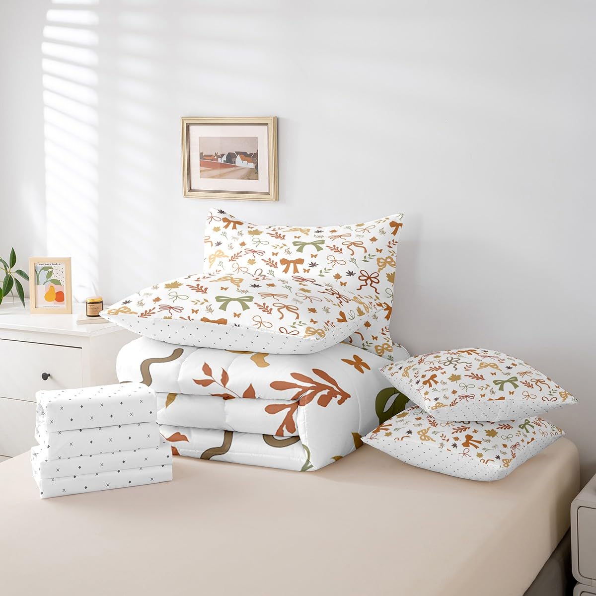 7 Pieces Fall Style Bow Comforter Set Full Size,Orange Green Bowknot Bedding Sets Kids Girls Boys Women Palm Leaves Rustic Boho Quilt + Fitted & Flat Sheets + 2 Cushion Cover + 2 Pillowcases