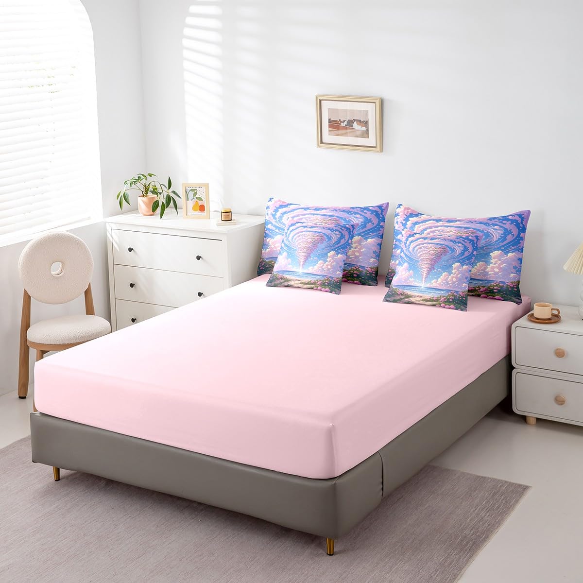 Erosebridal Sea of Floral Comforter Set Queen,Romantic Storm Tornado Bedding Set 7Pcs for Kids Girls Women,Summer Pink Cloud Quilt,Geometric Hurricane Tornadoes Bed in a Bag