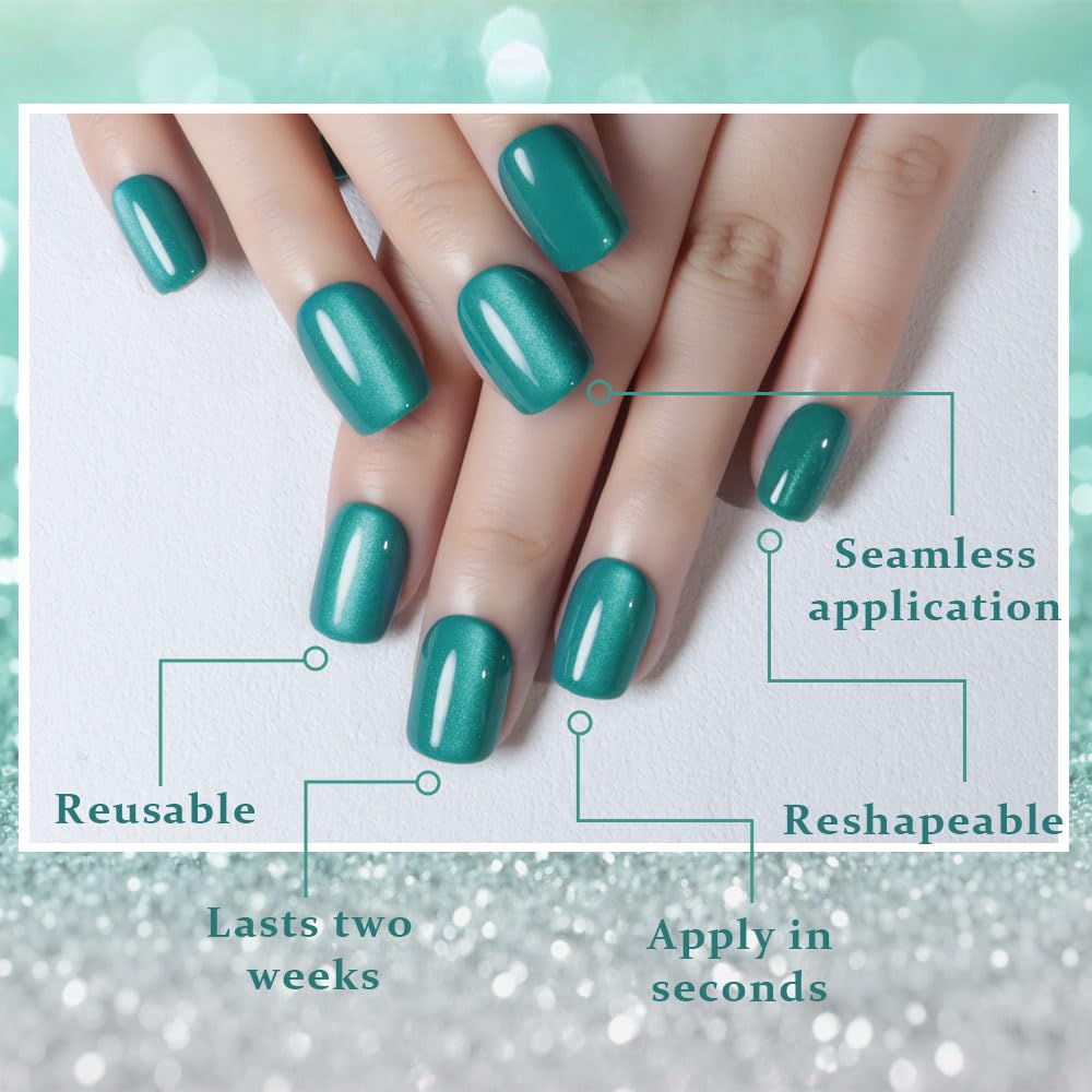 evpct Cyan-blue Green Cat Eye Extra Short Square Press on Nails, Petite Short Square Stick on Nails for Women Gift, Glossy Glitter Fake Nail Reusable, Soft Gel Press on Acrylic False Nail with Designs
