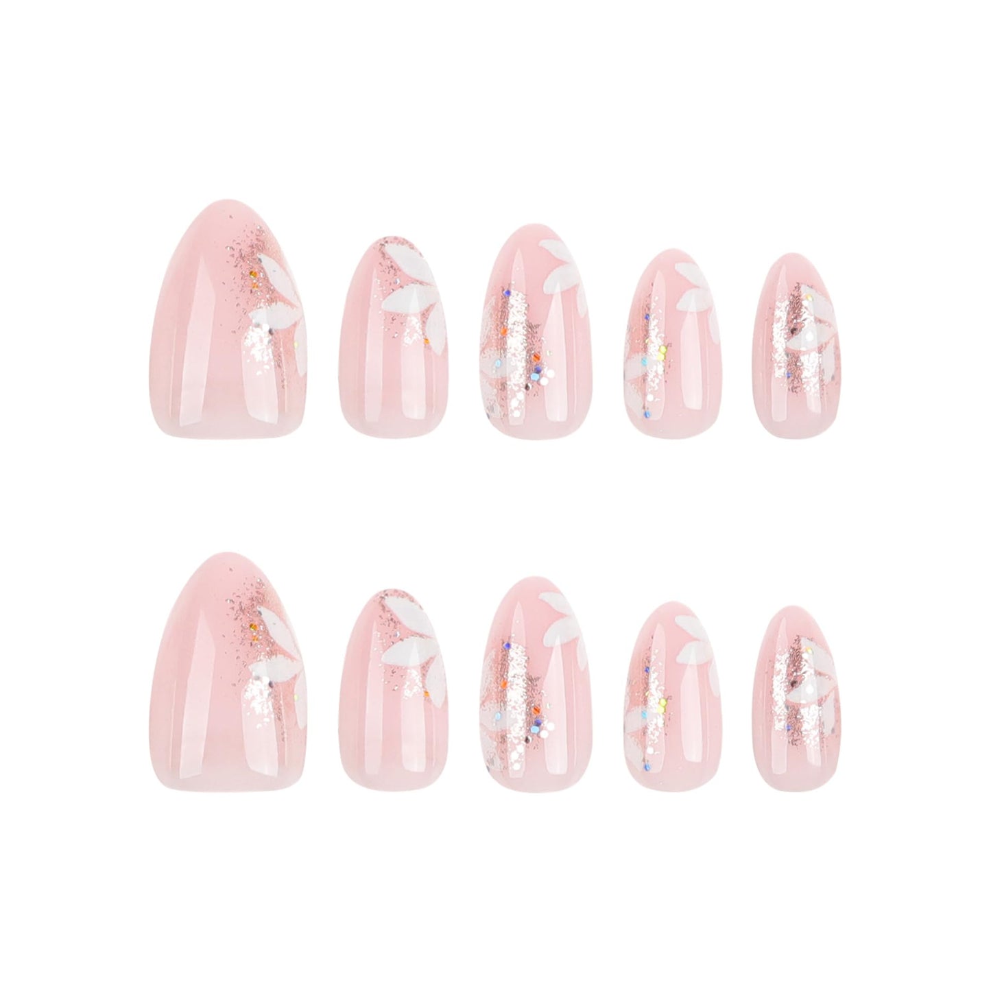 Fall Short Press On Nails Almond, Nude Fake Nails accented with golden glitter and Graceful White Floral Petal Design, Glossy Gel Finish Acrylic Nails, Natural Reusable Glue On Nails Kit for Women