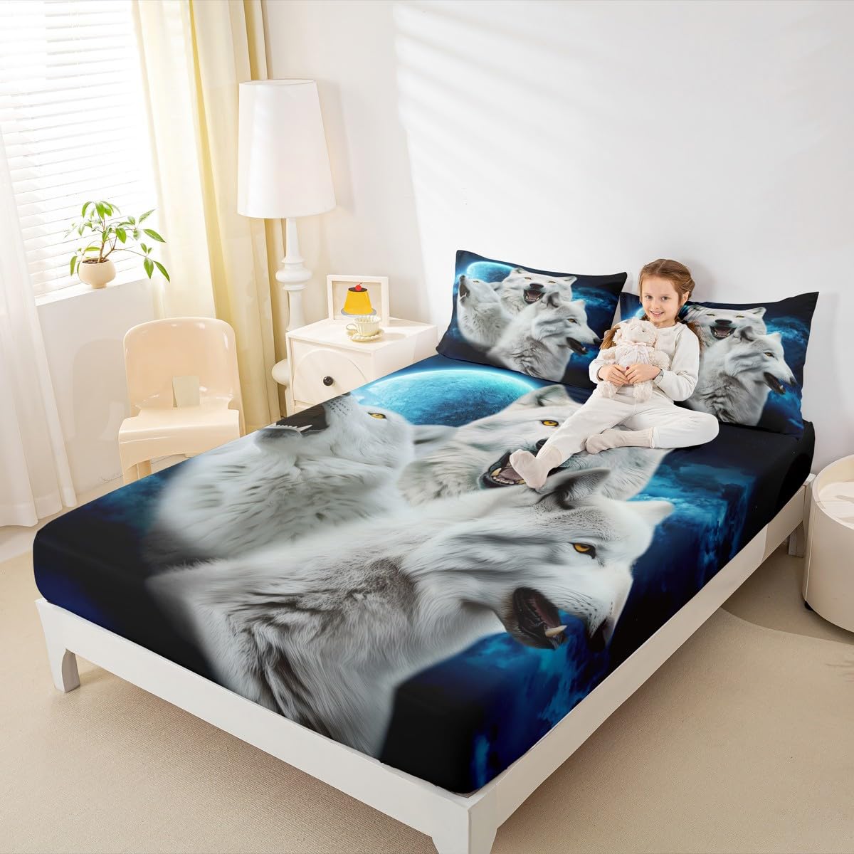 Manfei White Wolf 3D Print Fitted Sheet Full Size Night Moon Bedding Set 3pcs for Kids Teens Room Decor,Wild Animals Bed Cover Soft Breathable Bed Sheet Set with 2 Pillowcases