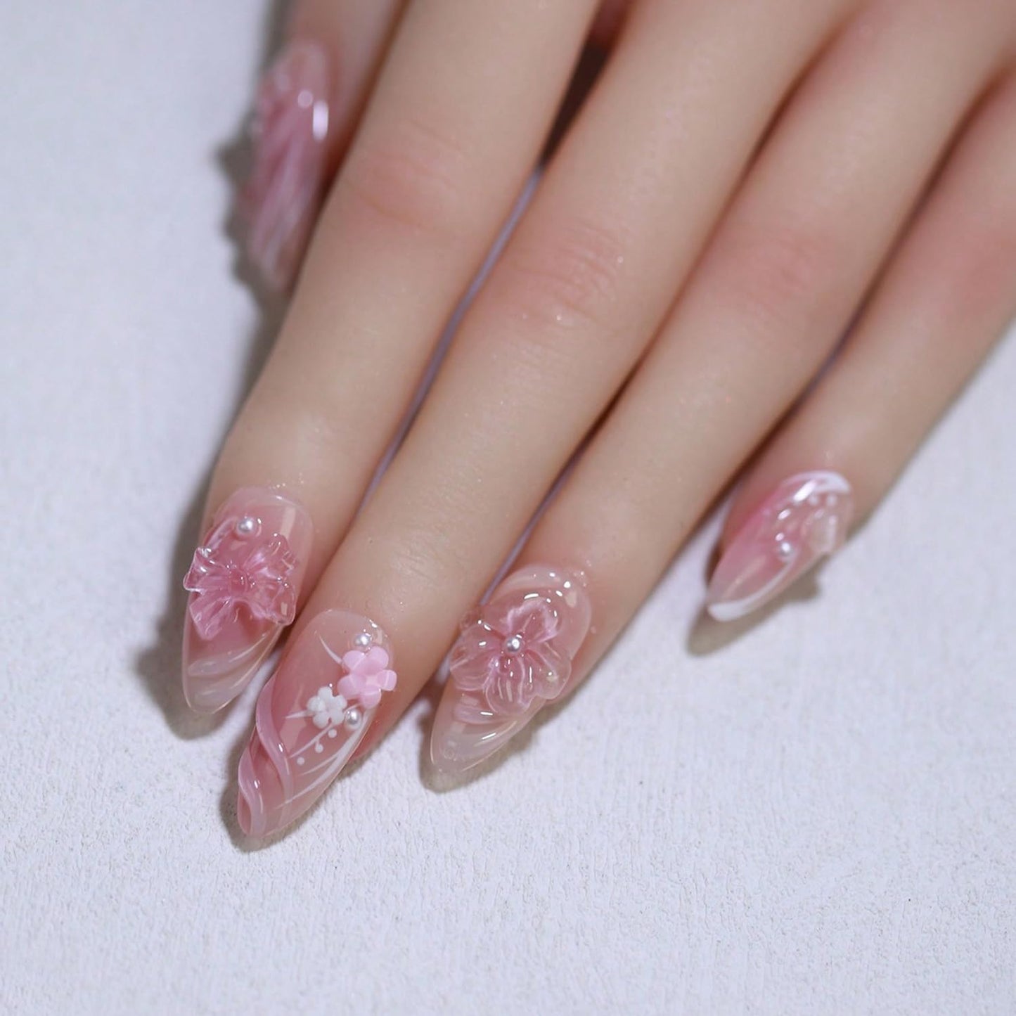 Pink Gradient Press on Nails Handmade Press on Nails Medium Almond Fake Nails Muti-Layer Gel Acrylic Nails with Flower Pearl Bow Embossed Design Thick False Nail Glue on Nail for Women (Size M)