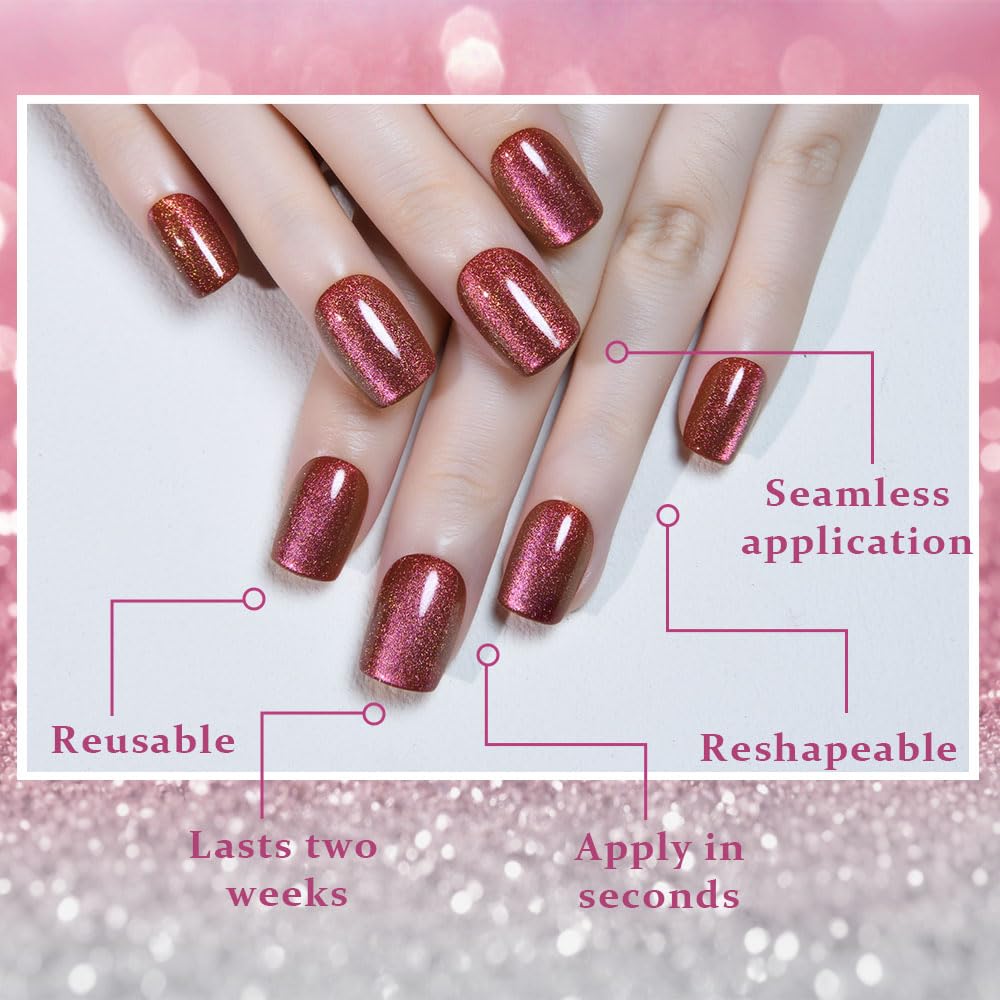 evpct Dark Pink Cat Press on Nails Eye Short Square, Petite Short Square Stick on Nails for Women Gift, Dark Pink Glossy Holographic Fake Nails Reusable Gel Press on Acrylic Fake Nail with Design