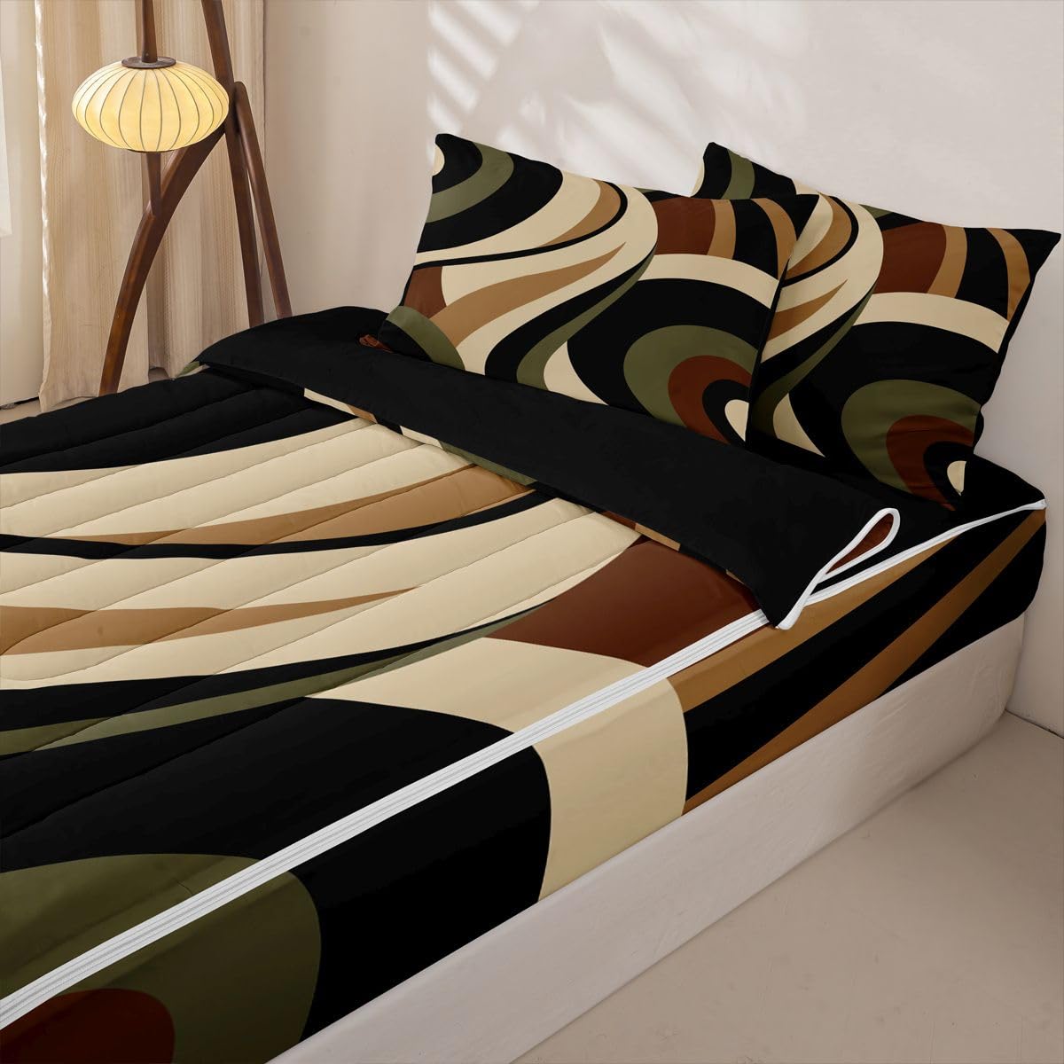 Erosebridal Green Brown Spiral Zipper Bedding Set Twin for Adult Women Men Modern Swirls Stripes Abstract Zipper Comforter Set with Sheets for Minimalists Boho Bed in a Bag Graffiti Art Lines Bed Sets