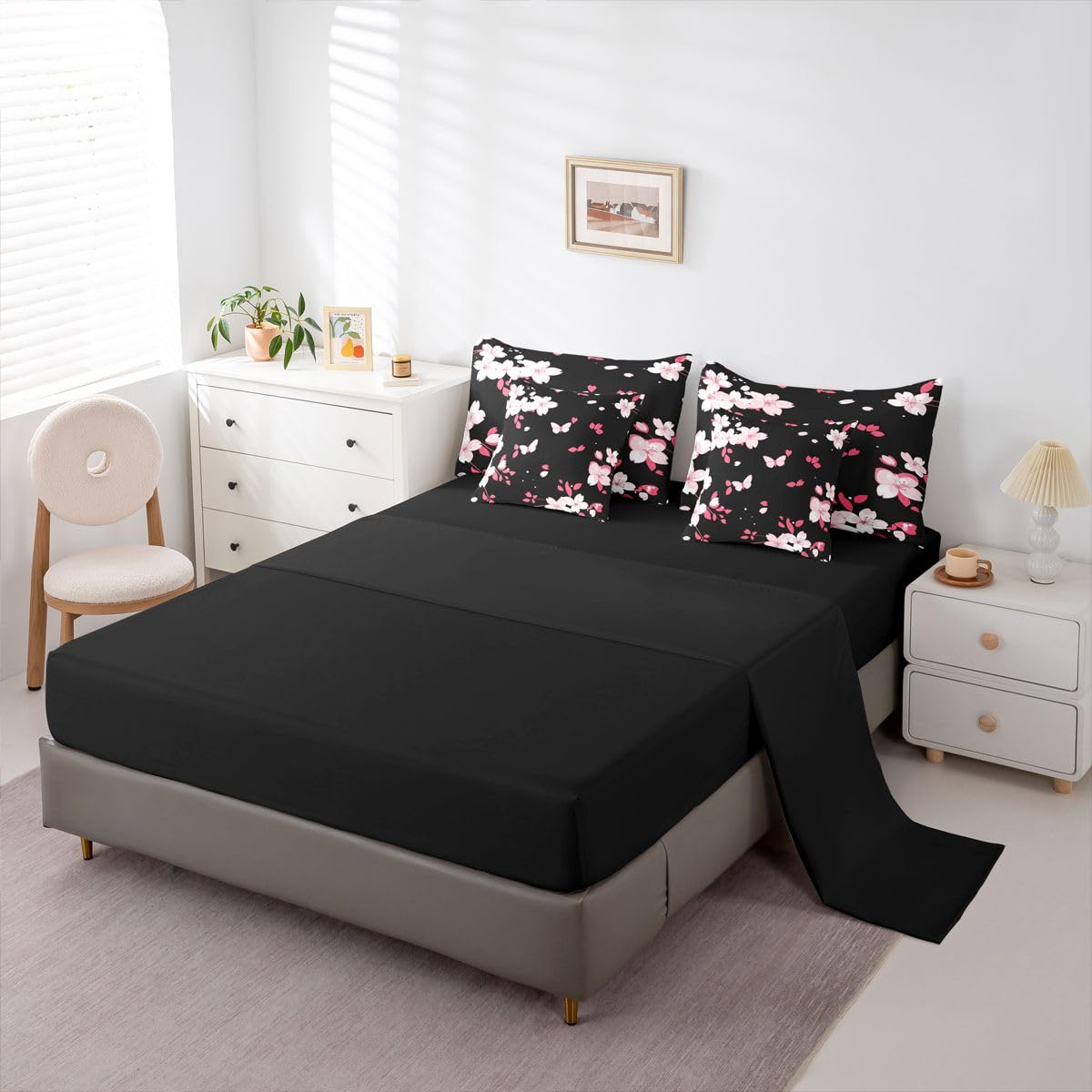 Erosebridal Cherry Blossom 7 Piece Bedding Set Queen Size Butterfly Bed in A Bag Japanese Spring Comforter with Sheets Japanese Style Romantic Theme Pink Bed Sets
