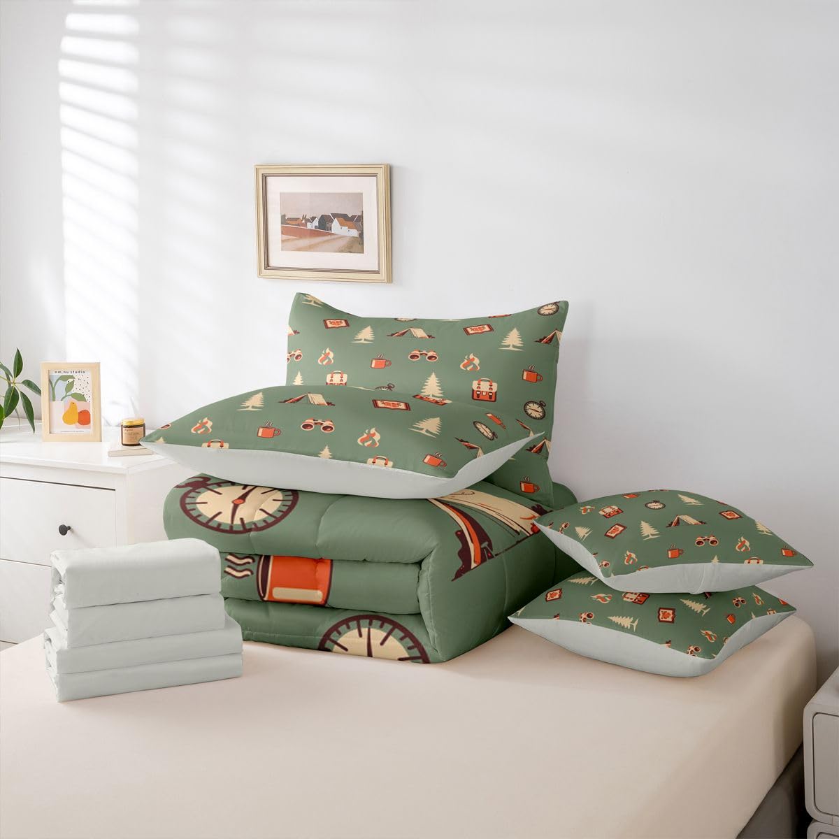 Camper Adventure Theme 7 Pieces Bedding Set Twin Size,Happy Camping Bed in a Bag,Cartoon Tent Travel Bag Bed Set Includes Comforter,Sheet Set,Pillowcases & Pillow Covers,Camping Lover Bedroom Decor