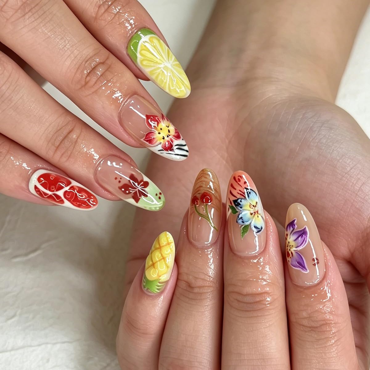 3D Press On Nails Almond Medium French Fake Nails with Embossed Flower&Fruit Summer Designs, Acrylic Artificial Nail Press ons False Stick On Nails for Women Girls 30Pcs