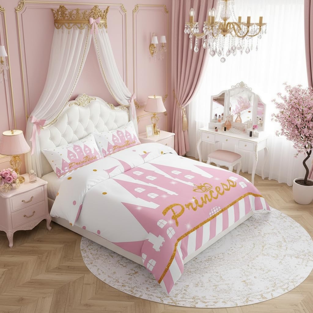 Girls Princess Duvet Cover Set Queen Size,Cartoon Castle Bedding Set 3Pcs for Kids Teens Woman Bedroom Decor,Gold Glitter Dots Lines Comforter Cover Sweet Girly White Pink Quilt Cover,2 Pillowcases