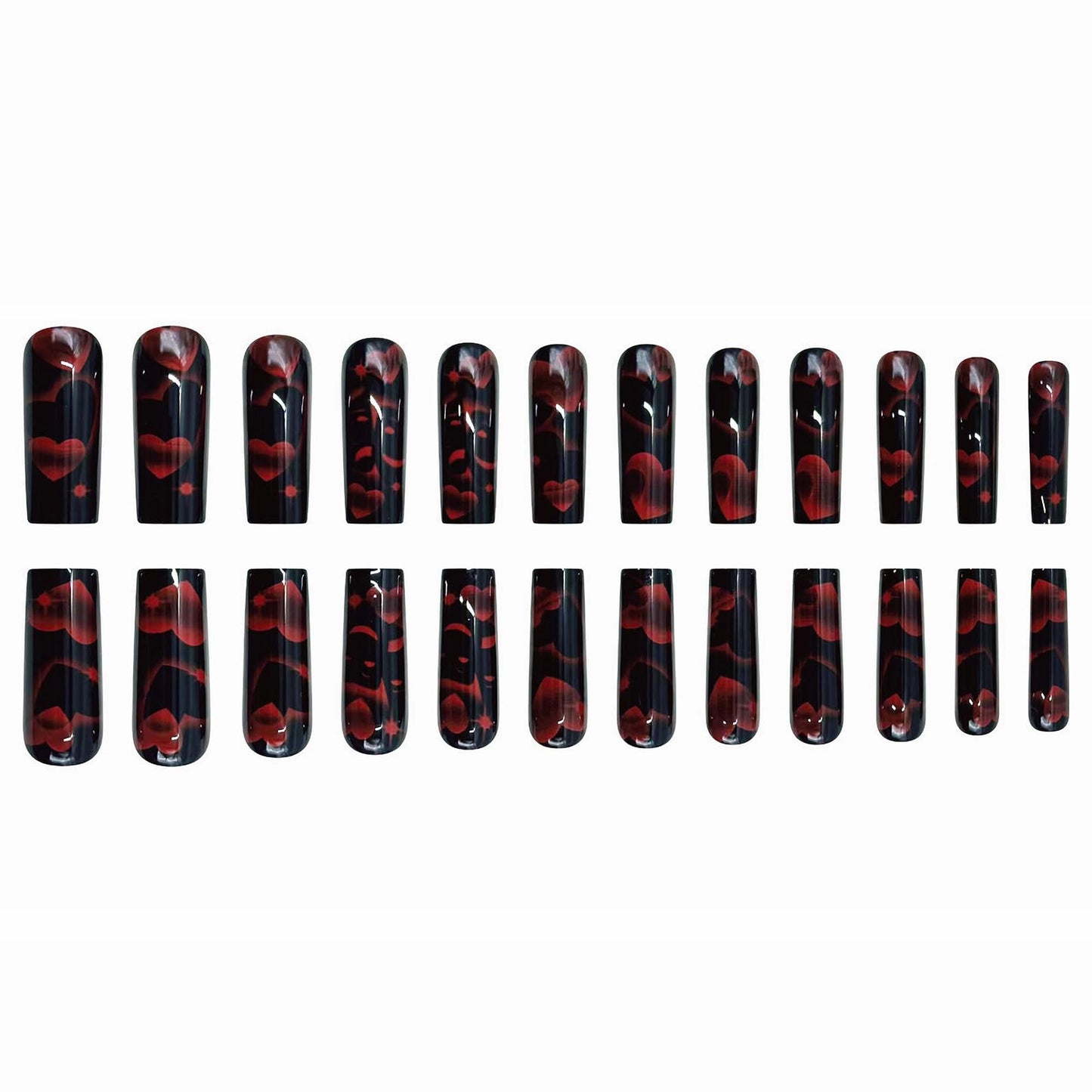 MISUD Press on Nails - Long Square Fake Nails with Goth Red Black, Acrylic Heart Mask Design 24 pcs