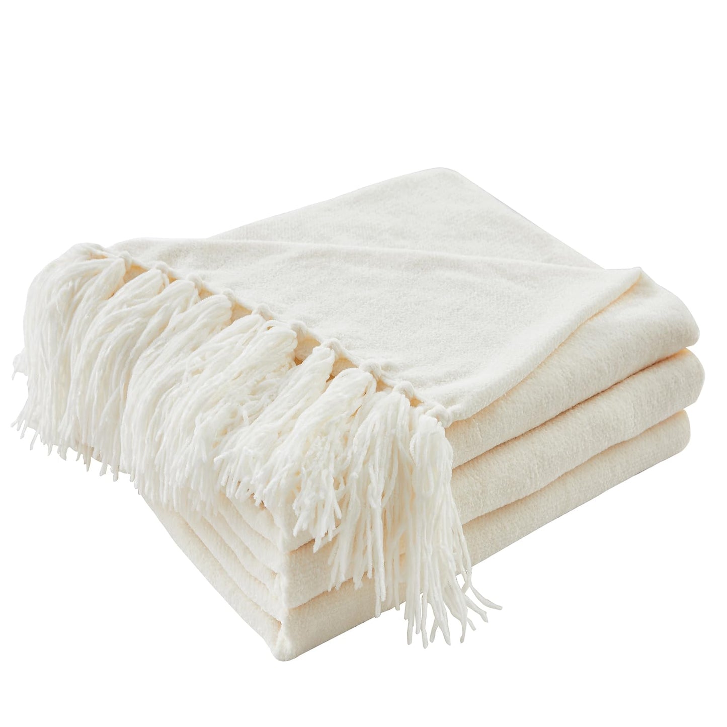 CozeCube Chenille Throw Blanket for Couch, Cozy Plush Fuzzy Decorative Cream White Blanket with Fringe Tassels, Lightweight Throws for Bed Sofa Gift Home Decor, 50"X60"
