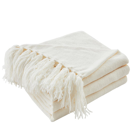 CozeCube Chenille Throw Blanket for Couch, Cozy Plush Fuzzy Decorative Cream White Blanket with Fringe Tassels, Lightweight Throws for Bed Sofa Gift Home Decor, 50"X60"