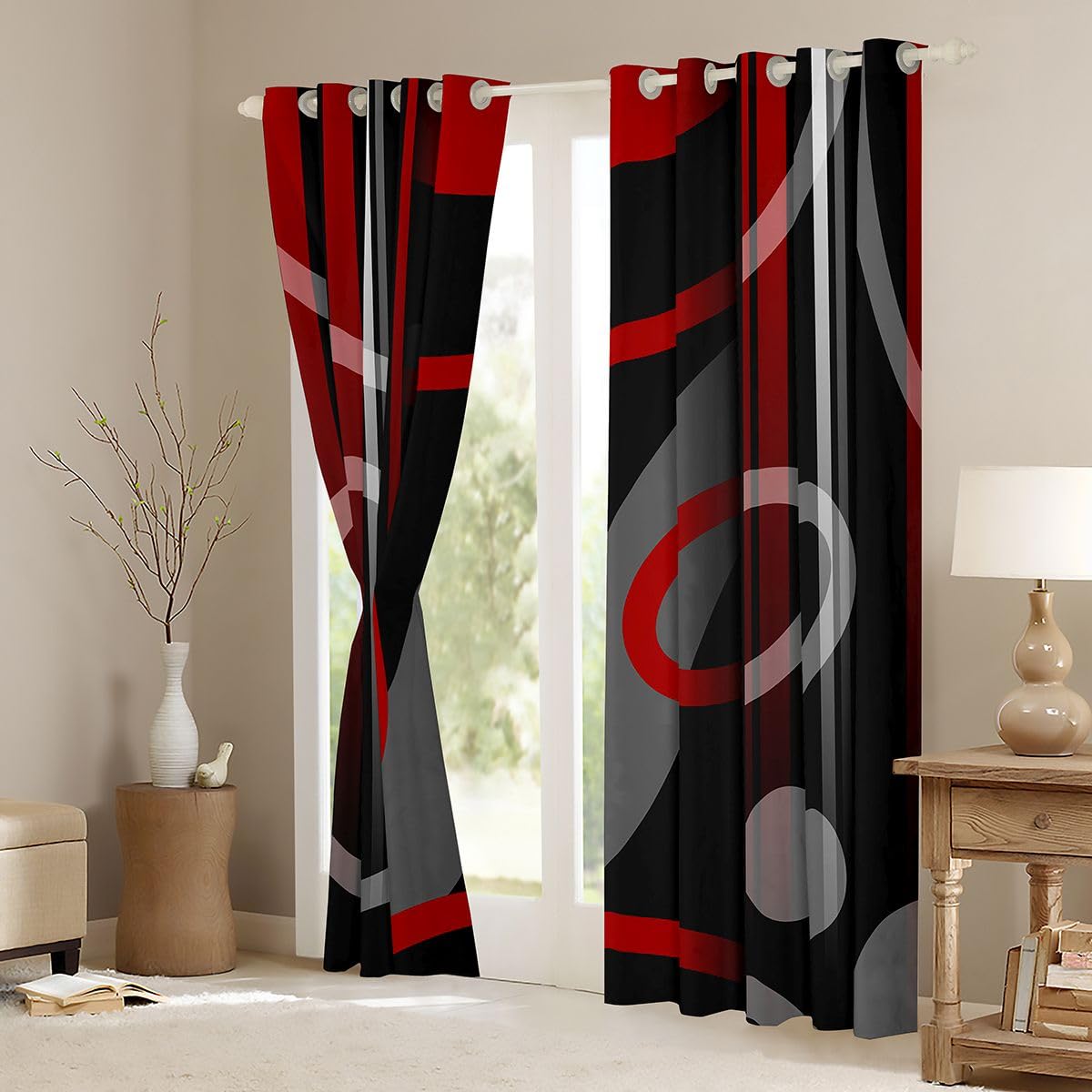 jejeloiu Darkening Dreapes Kids Geometric Strip Red Curtains for Bedroom Abstract Lines Curtains Gradient Styke Red Black White Window Treatments (2 Panels, 52 x 84 Inch) Blackout