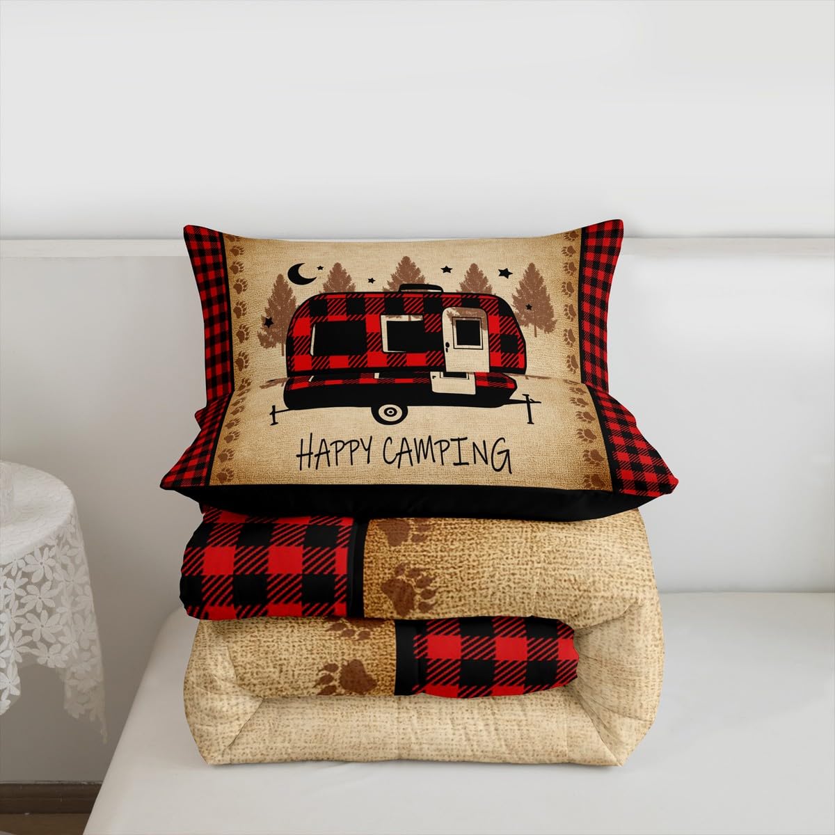 Erosebridal Camping Accessories Comforter Set Retro Farmhouse Bedding King, Black and Red Bedding Comforter Sets Lattice Checked Duvet Set, Kawaii Camper Quilted Comforter Super Cozy 3pcs