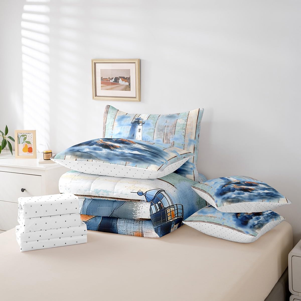Feelyou Lighthouse Comforter Set 7 Pieces Twin Size Kids, Ocean Sea Rustic Bedding Set Boys Girls, Islands Coastal Bed in a Bag,Comforter + Sheets + Pillowcases + Cushion Covers
