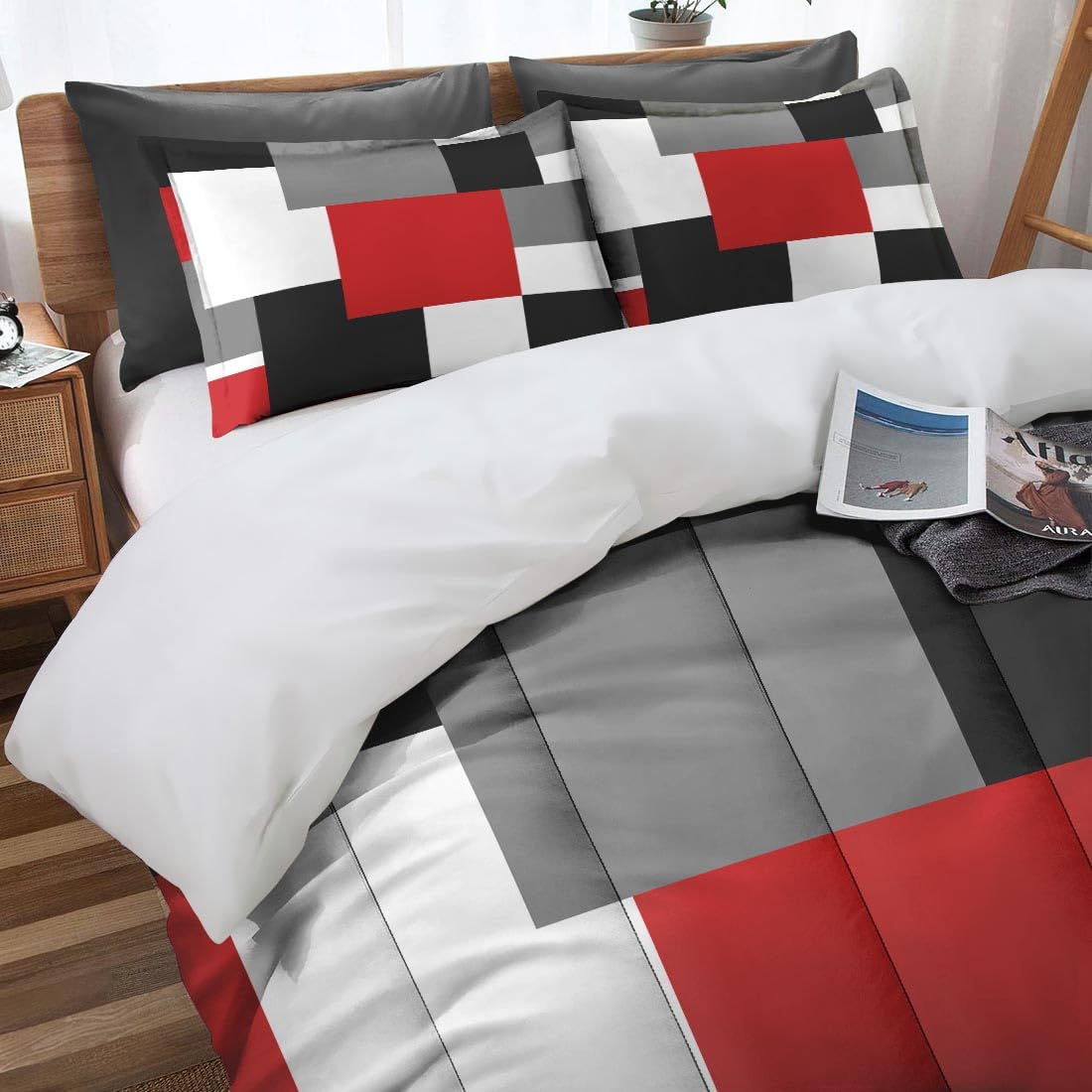 Culudea Geometric Red Checkered Comforter Set Twin Size, Black and Gray Modern Soft Bedding Set with Pillowcases for Girls Teens Kids Boys Adults Bedroom Bed Decor,1 Quilt 1 Pillow Case