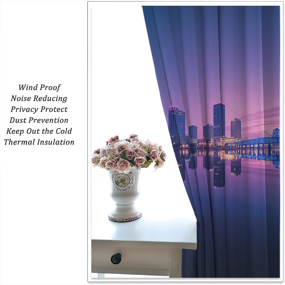YFBBINS Evening Cityscape Pattern Blackout Curtains Thermal Insulated for Bedroom Living Room, Ocean Modern Skyline Rod Pocket Curtain Light Blocking Drapes, 2 Panels, Each 21 W x 45 L inch