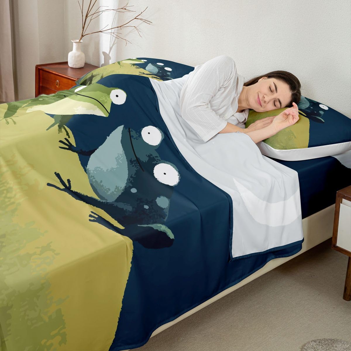 Erosebridal Frog Sheet Set Full | Hand Drawn Animals Bed Sheets for Kids Boys Girls Cartoon Wildlife Flat Fitted Sheet Night Starry Sky Sheets 3 Pcs