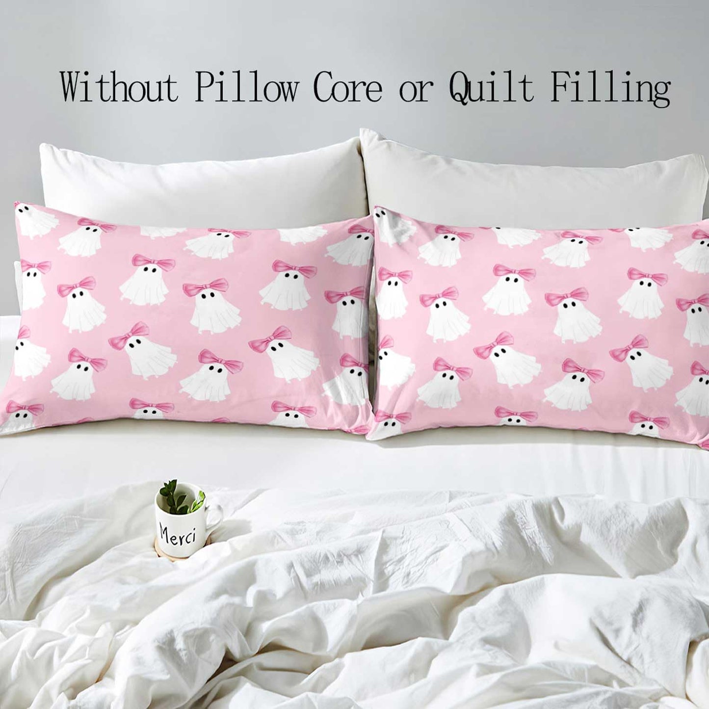 LUVIVIHOME 3PCS Pink Bow Kawaii Ghost Duvet Cover Queen Bedding Set, Teen Girl Bedding, Light Pink Duvet Cover, Halloween Spooky Cute Kids Comforter Cover, Coquette Room Decor Aesthetic 2 Pillow Cases