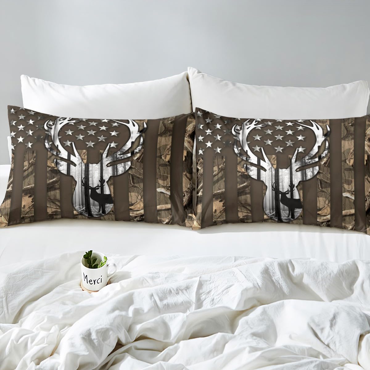Camouflage USA Flag Fitted Sheet Set Full Size 4pcs,Brown Camo and Deer Antlers Trees Silhouette Bedding Set(1 Fitted,1 Flat,2 Pillowcases),American Flag Luxury Deep Pocket Bed Sheets for Girls Teen
