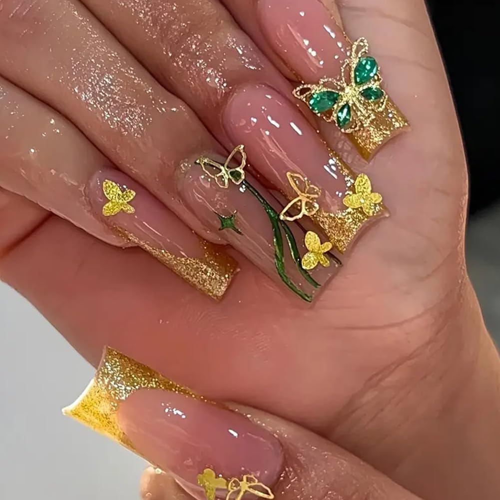 Hrnsnails French Tip Press On Nails Long Square Girls Fake Nails with 3D Butterfl Handmade High-end Design, Acrylic Artificial False Nails Press ons Stick On Nails for Women
