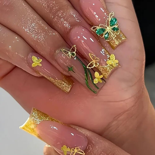 Hrnsnails French Tip Press On Nails Long Square Girls Fake Nails with 3D Butterfl Handmade High-end Design, Acrylic Artificial False Nails Press ons Stick On Nails for Women