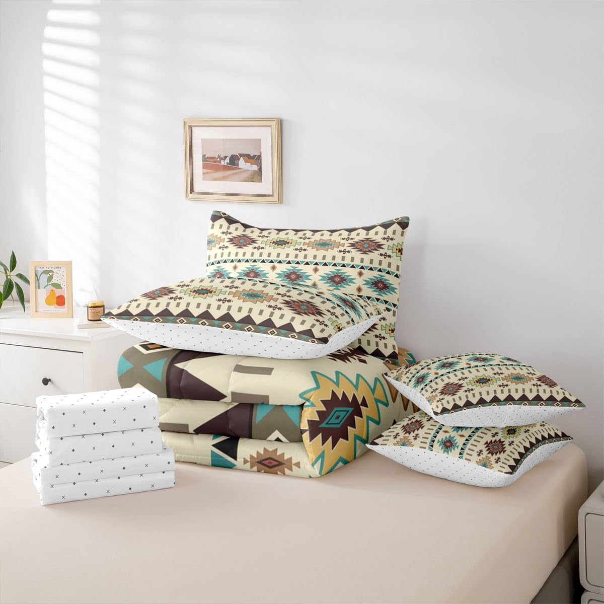 Erosebridal Aztec 7 Piece Bedding Set Queen Mysterious Comforter Set with Sheets Geometric Boho Rustic Farmhouse Bed in a Bag Native American Yellow for Teens Men Women