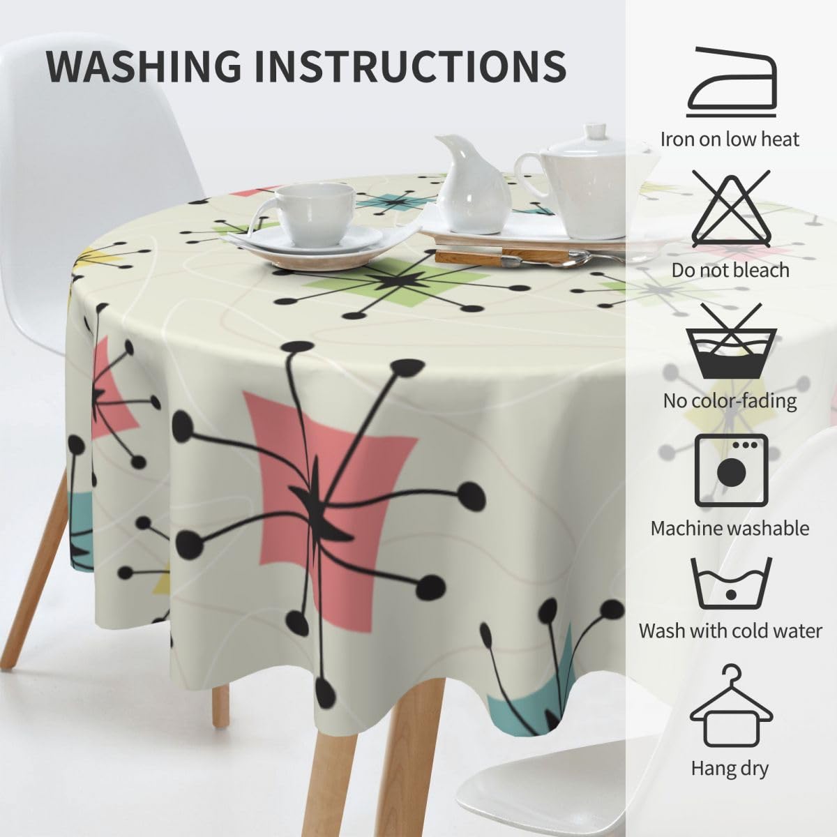 bassyil Retro Mid Century Tablecloth Round Table Cover Washable for Home Kitchen Dining Party 60 X 60 Inches