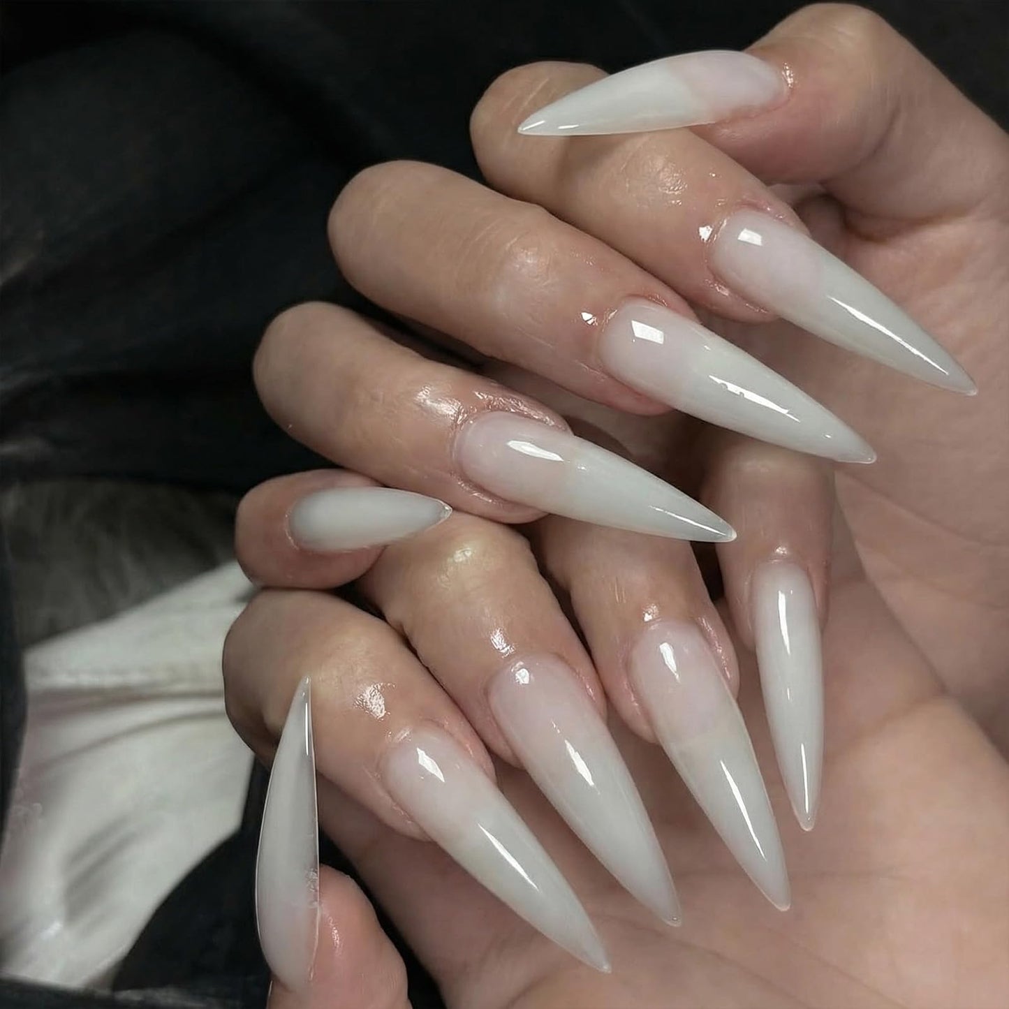 SINHOT Stiletto Press on Nails - Long Fake Nails, Glossy Finish, White Gradient & Nude Neutral, DIY Artificial False Nail Art - 24 Pcs Nail Kit with Glue