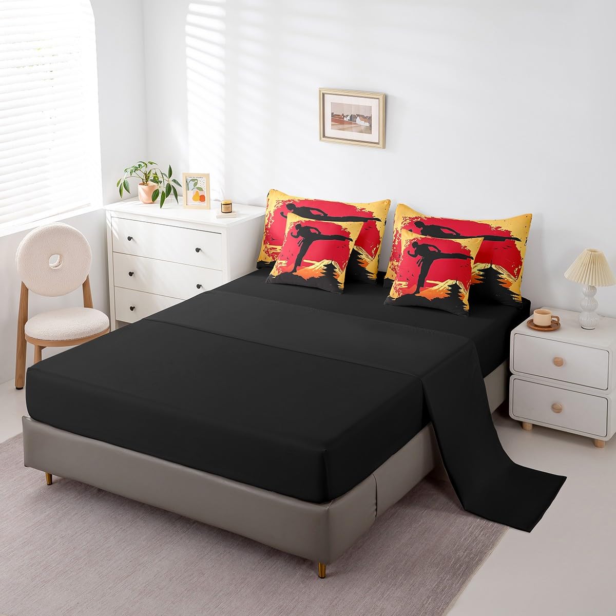 Feelyou Kids Taekwondo Comforter Set Full Size 7 Pieces Kungfu Karate Sunset Bedding Set Martial Art Japanese Style Japanese Sports Bed in a Bag with Comforter, Sheets, Pillowcases & Cushion Cover