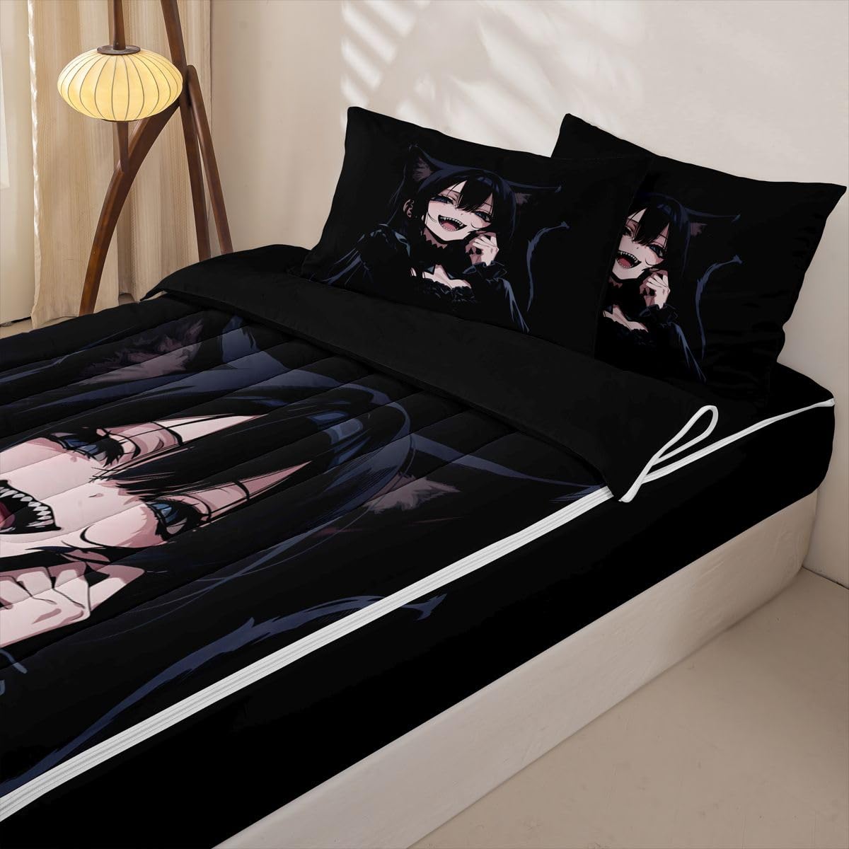 Erosebridal Anime Girl Zipper Bedding Twin Size, 3D Japanese Kids Comforter Set - Gothic Style Cat Girls Zip Up Comforter Bed in A Bag