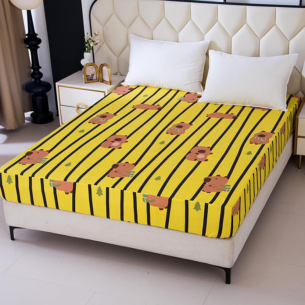 NATURETY Bedding Fitted Sheet with Deep Pocket,Cute Capibara Printed Fabric Bed Sheets (Yellow Striped,Queen)