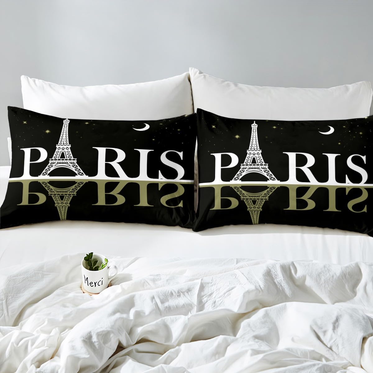 Feelyou Eiffel Tower Bedding Set Chic Paris Theme Duvet Cover for Kids Children Teens Paris Cityscape Print Comforter Cover Modern French Style Bedspread Cover Star Moon Bedroom Decor 3Pcs Queen Size