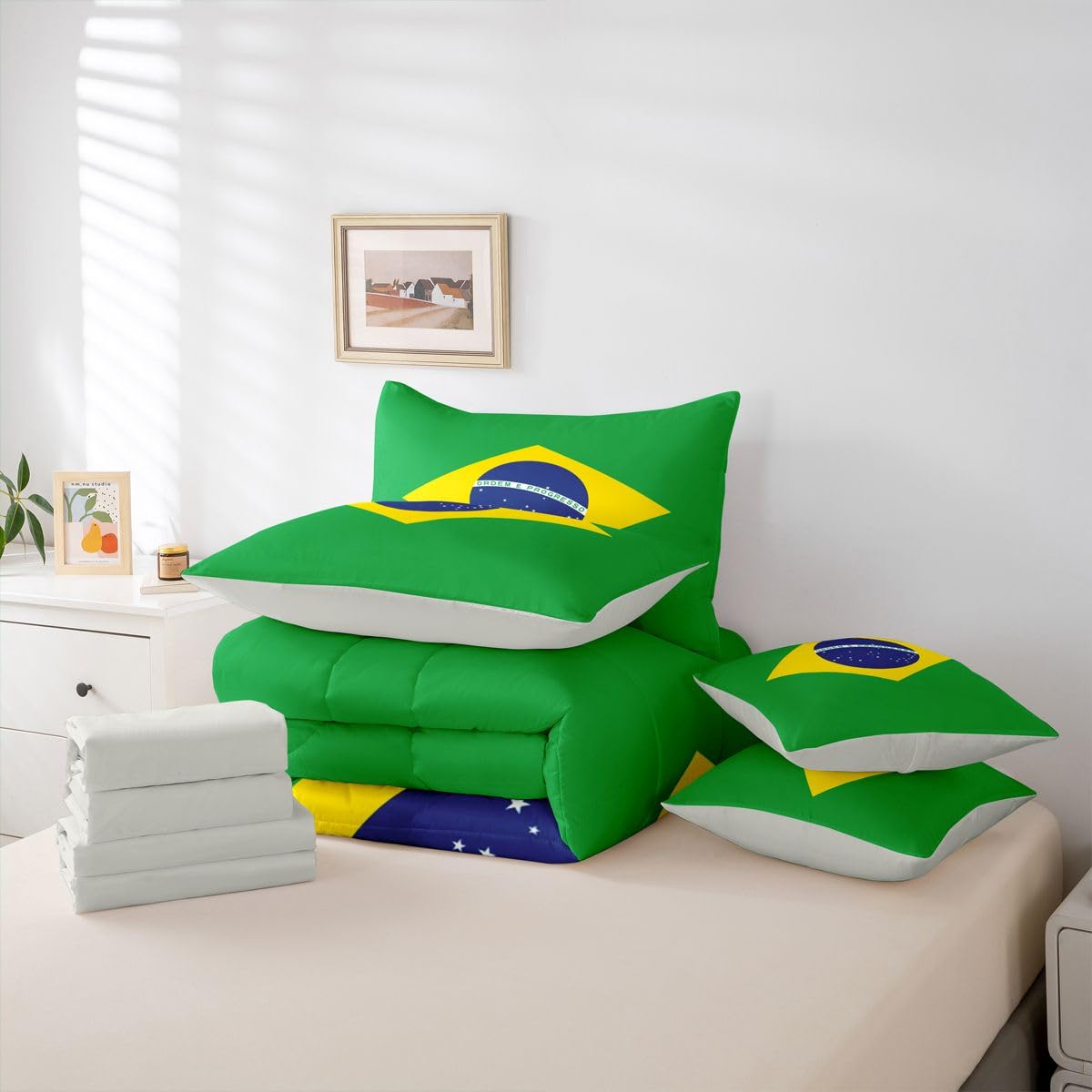 Feelyou Brazil Comforter Set King Size 7 Pieces Brazilian Flag Bedding Set for Kids Boys Girls World Countries Bed in a Bag with Sheets Bedroom Decor All Season Quilted Breathable Soft Lightweight
