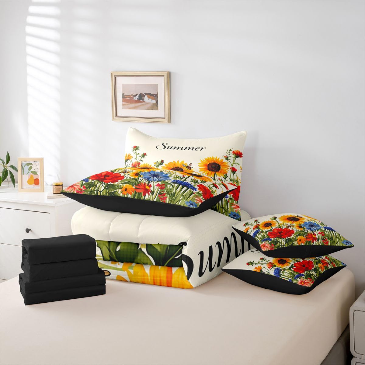 Erosebridal Sunflower & Wildflower Queen Bedding Set Aesthetic Bright Floral Comforter Set with Flat and Fitted Sheet Girls Women Cute Summer Bee 7-Piece Bed in a Bag Vibrant Garden Art Quilt Sets