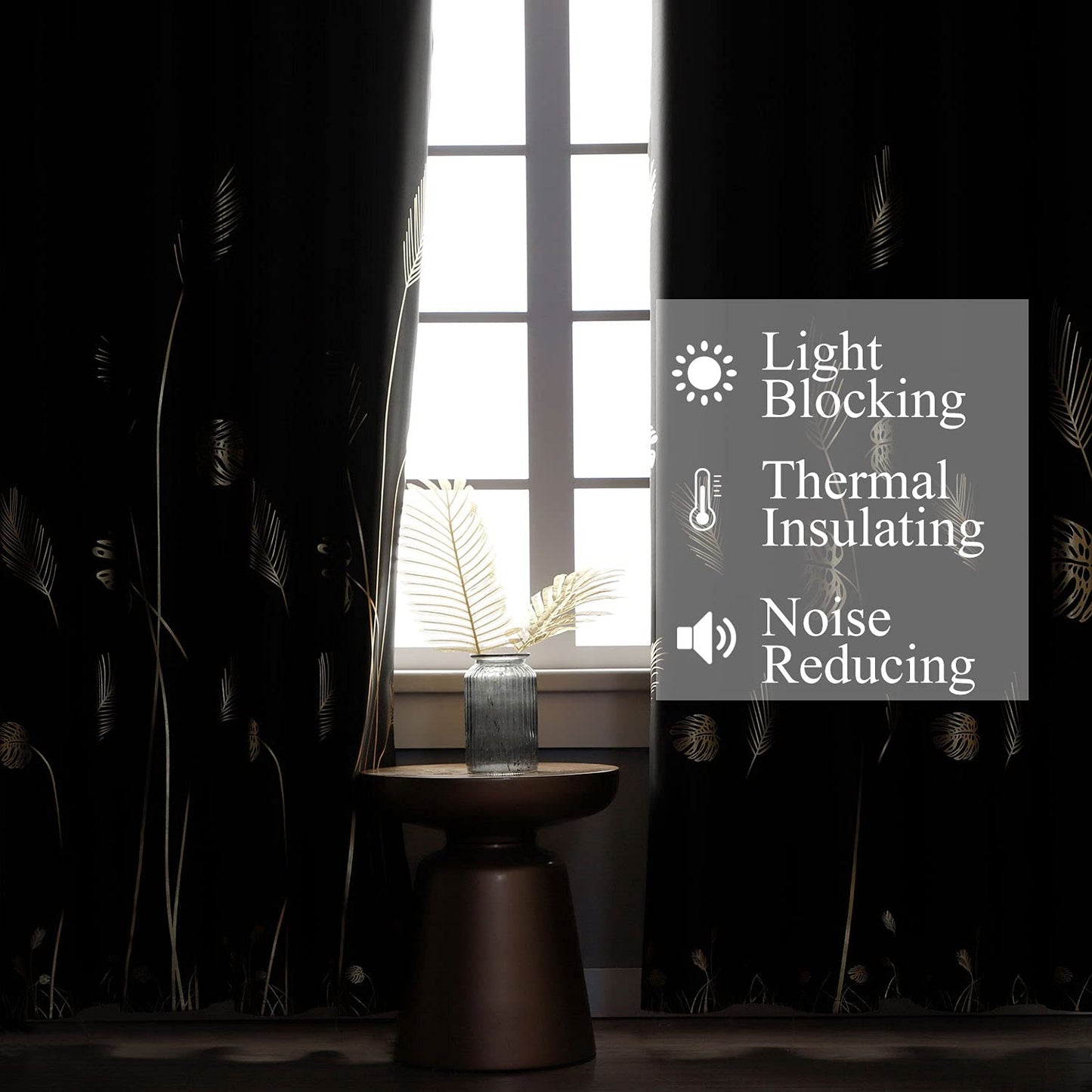 Estelar Textiler Black Blackout Curtains for Bedroom 84 Inches Long, Room Darkening Grommet Thermal Insulated Curtains for Living Room, Light Blocking Drapes with Gold Print Design,52Wx84L,2 Panels