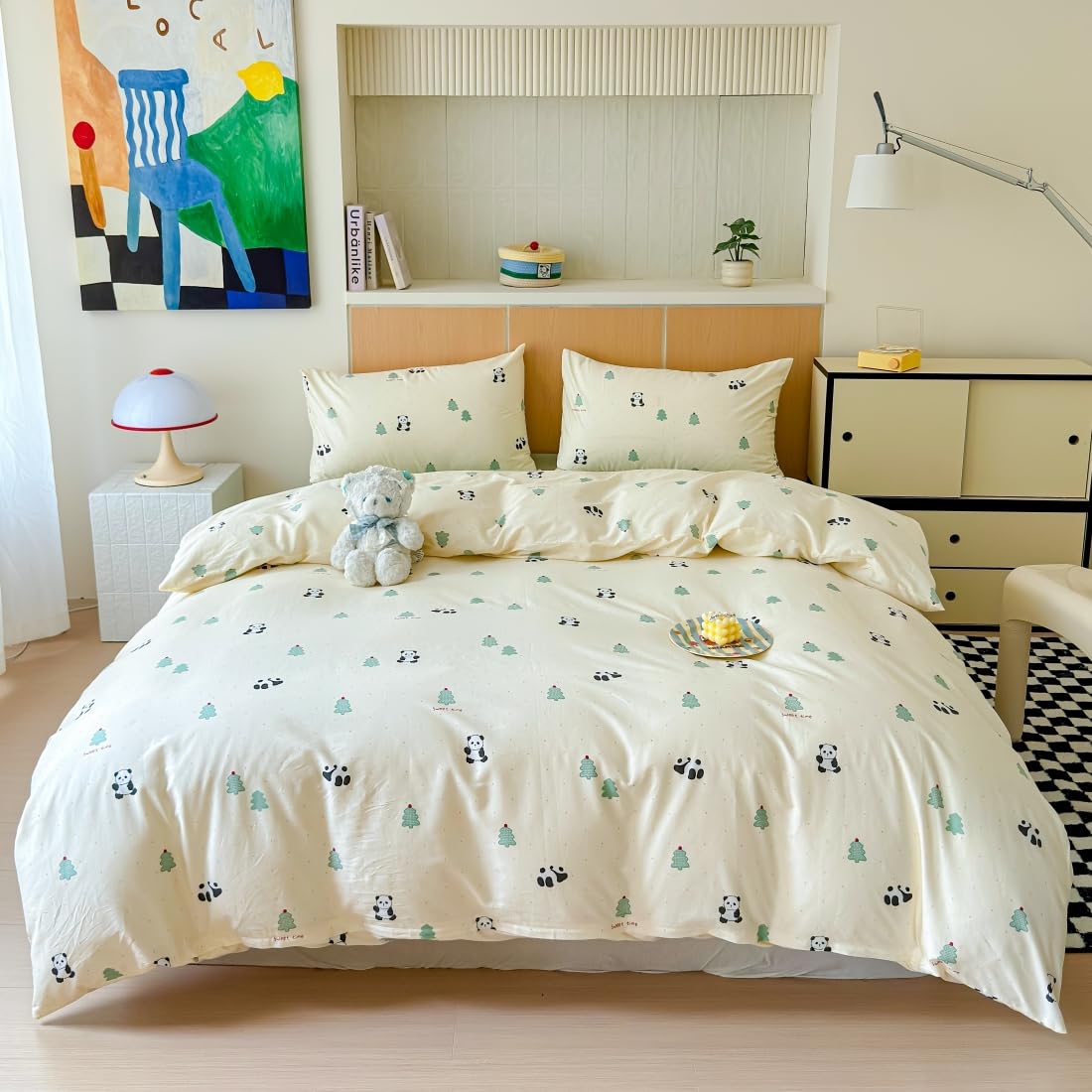 LIWHENHAO Panda Duvet Cover Set Twin 100% Cotton Bedding Cartoon Balck White Panda Green Pine Christmas Tree 1 Cute Kawaii Dot Comforter Cover Zipper Closure 2 Pillowcases for Kids Girls Boys
