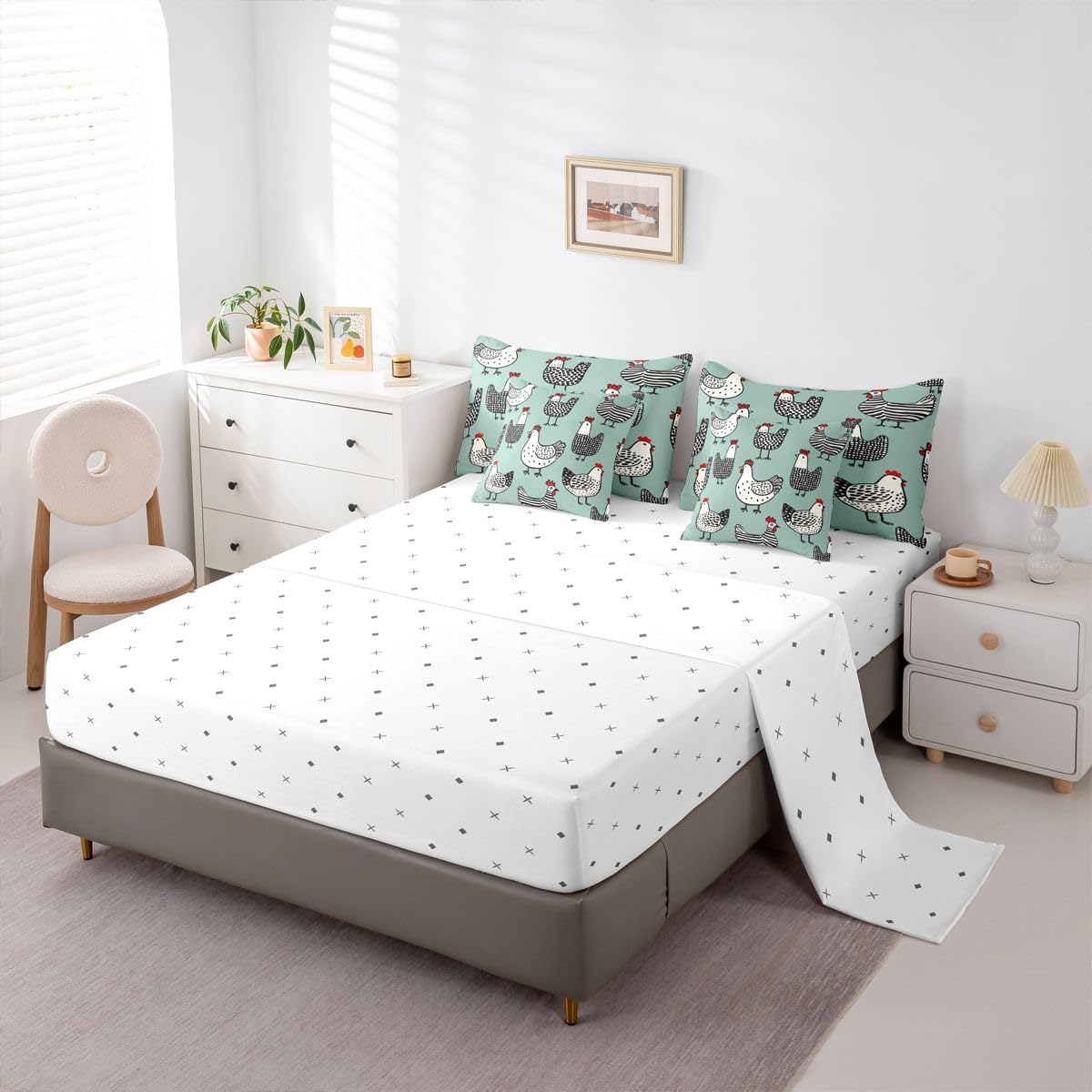 Erosebridal Chicken 7 Pcs Bedding Set King Cartoon Chick Comforter Set with Sheets Cute Farmhouse Animal Bed in A Bag Teal Black Bedroom Decor