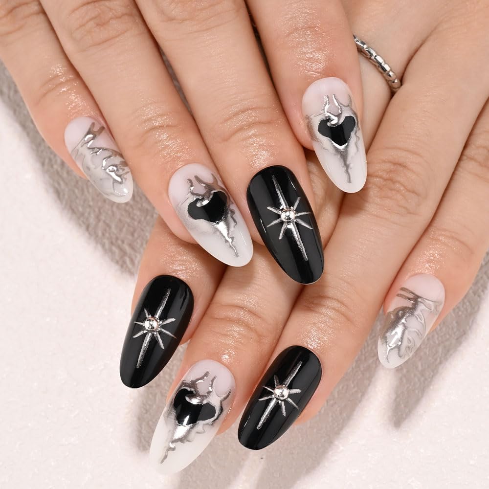 evpct 3D Gothic Press on Nails Short Almond with Silver Line Design, Black White Silver French Tip Stick on Nail for Women, Reusable Full Cover Soft Press on Fake Nail Perfectly Fit with Design