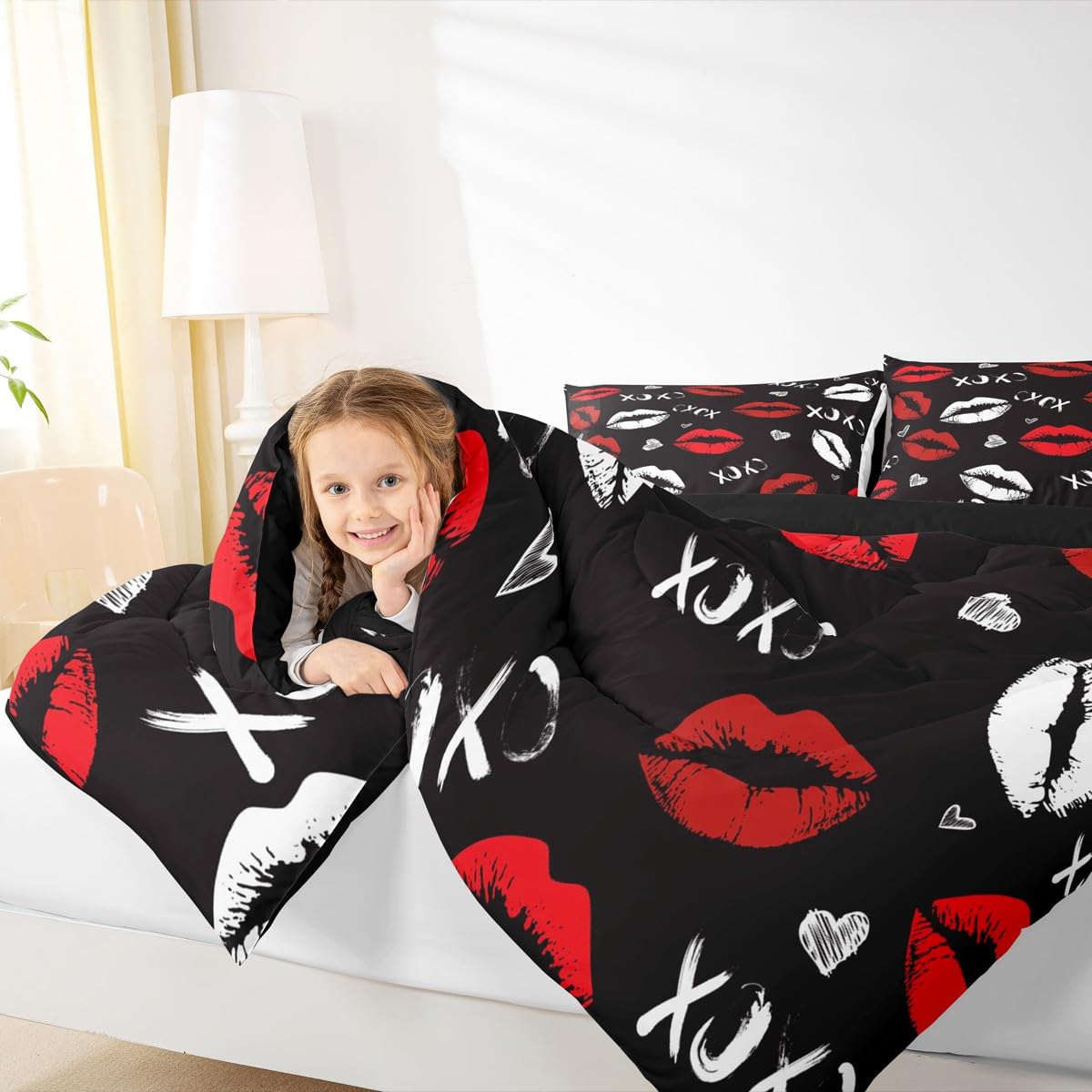 Feelyou Kiss Comforter Set Queen Size Soft Feminine Red Lips Bedding Set with Pillow Case Decor Girls Women Sexy Mouth Comforter for All Season Boys