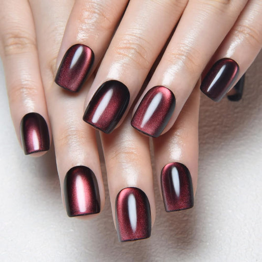 evpct Wine Red Cat Eye Extra Short Press on Nails Square No Glue, Petite Short Square Stick on Nails for Women, Black Wine Red Metallic Glitter Glossy Reusable Press on Acrylic Fake Nail with Designs