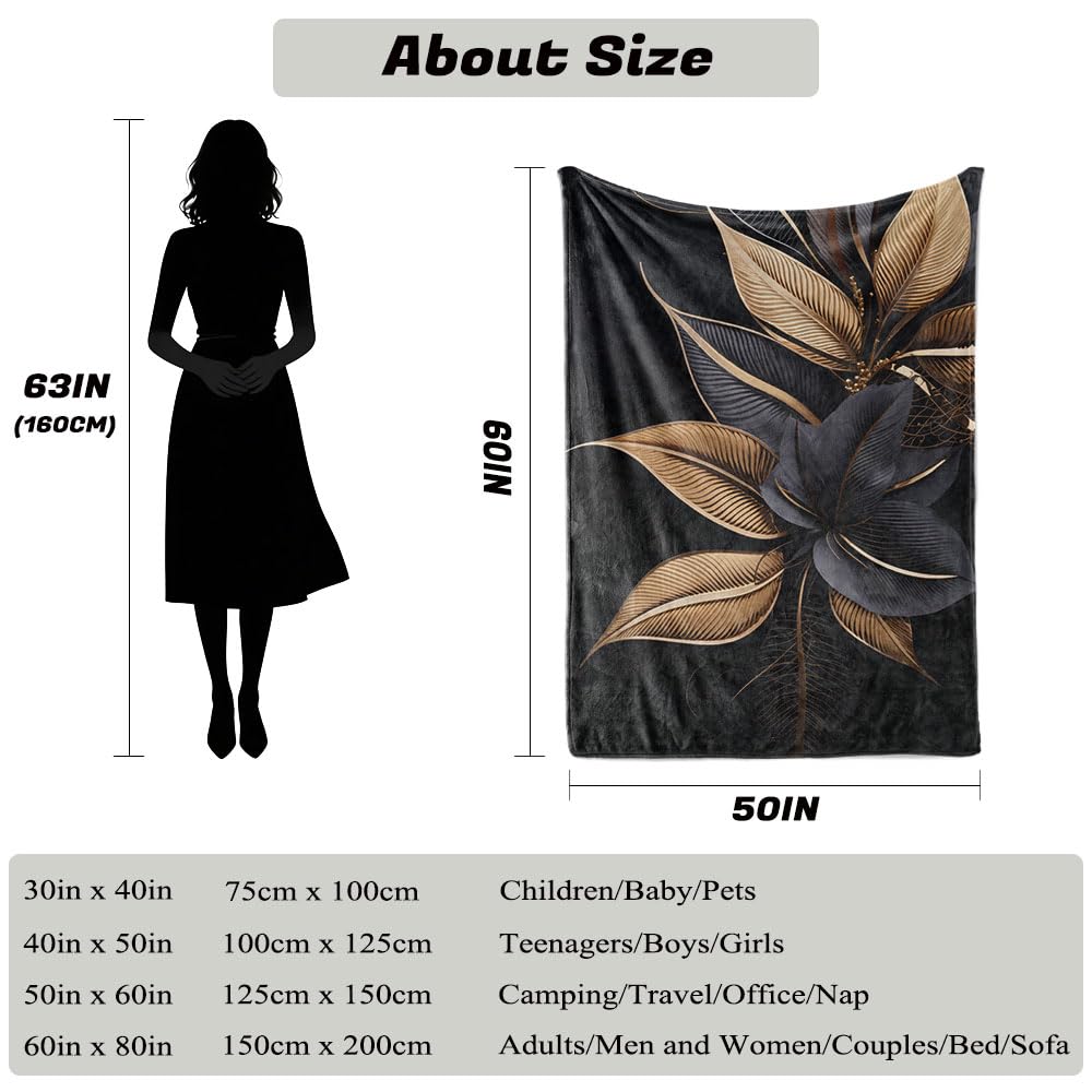 HUNXIAOJ Black and Gold Throw Blanket Abstract Print Blanket Gold Leaves Throw Abstract Bedding Warm Soft Flannel for Adults Bed Sofa Couch (50 in x 60 in)