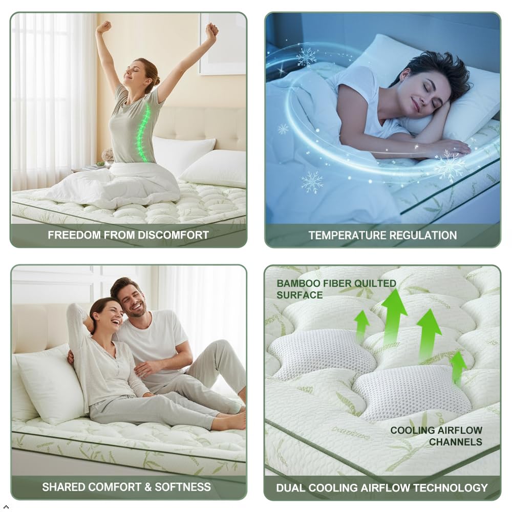 HomKdom Queen Mattress Topper, Cooling Mattress Topper for Back Pain Relief, 65% Polyester, 35% Viscose Derived from Bamboo, Cooling for Hot Sleepers & Night Sweats, 1200 GSM Down Alternative Fill