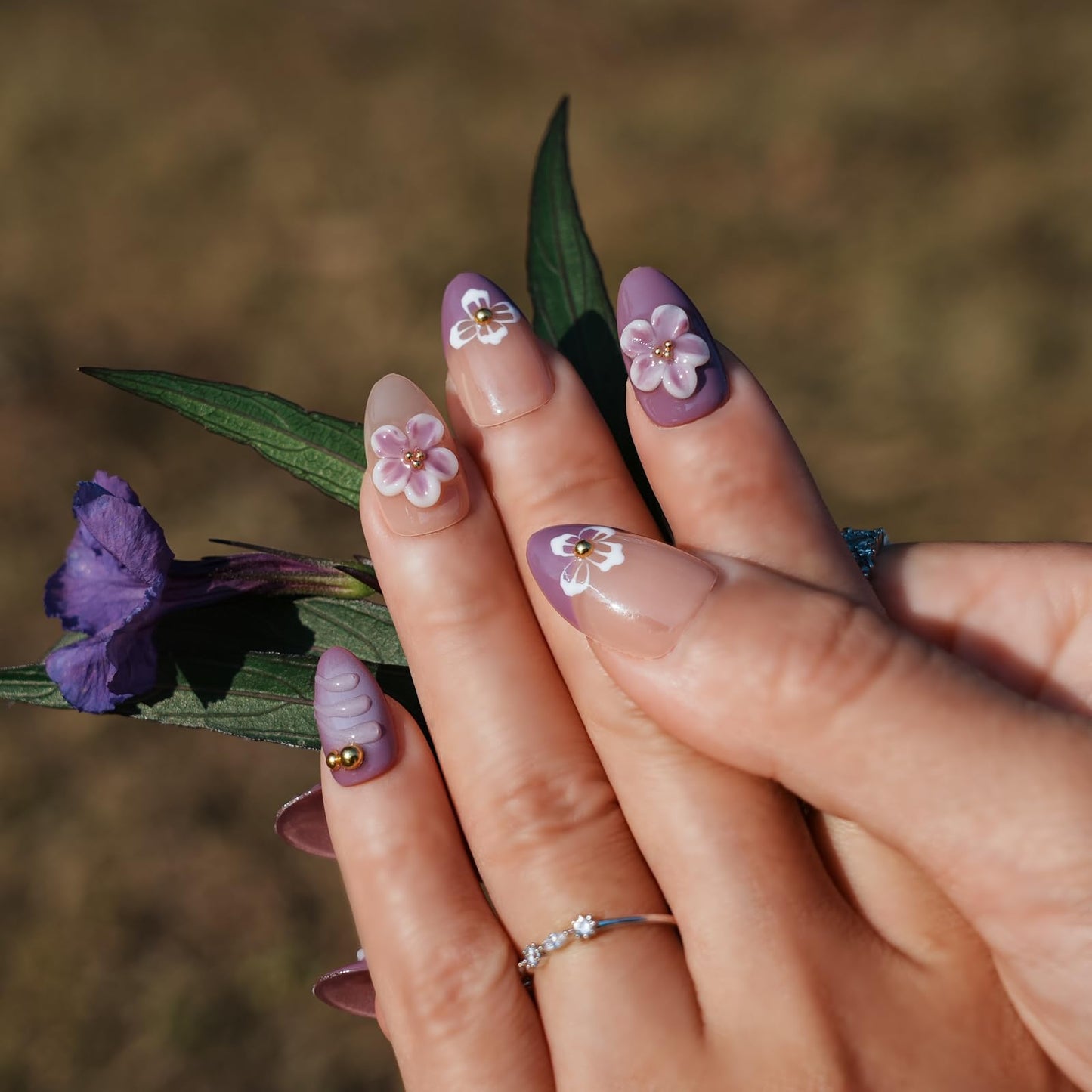 Tesytto Handmade Press on Nails with 3D Ombre Purple Flower - Lavender Floral Short Almond Nails - Full Cover Stick on Nails for Women & Girls (Blossom Purple Dream, M)