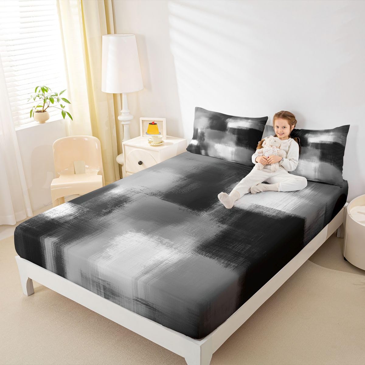 Feelyou Abstract Fitted Sheet with 2 Pillowcases Queen Size Modern Abstract Bed Sheets Set 16" Deep Pocket Boys Girls Geometric Artistic Smear Bedding Teens Bedroom Decor Breathable Soft