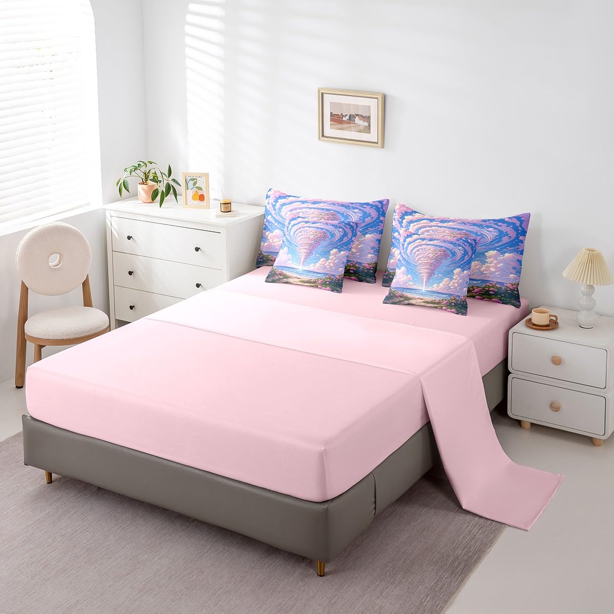 Erosebridal Sea of Floral Comforter Set Queen,Romantic Storm Tornado Bedding Set 7Pcs for Kids Girls Women,Summer Pink Cloud Quilt,Geometric Hurricane Tornadoes Bed in a Bag