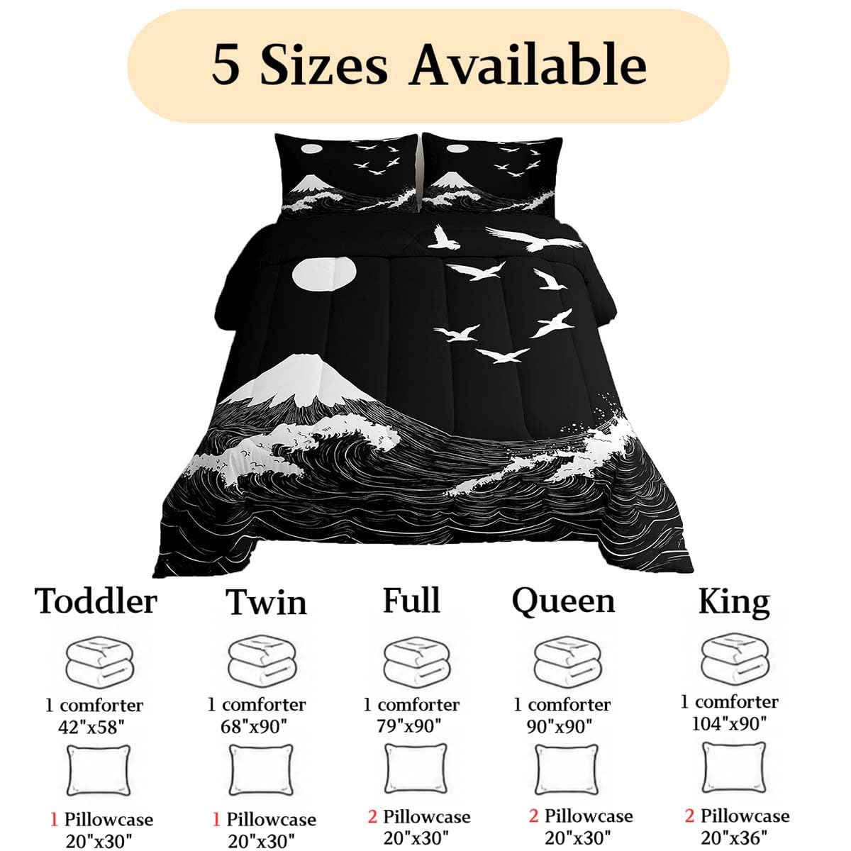 jejeloiu Black Japanese Style Comforter Set Queen Size Wave Bedding Set for Kids Boys Girls Mountain Duvet Quilt Ocean Wave Bedroom Decor Microfiber 3 Pcs with 2 Pillow Cases