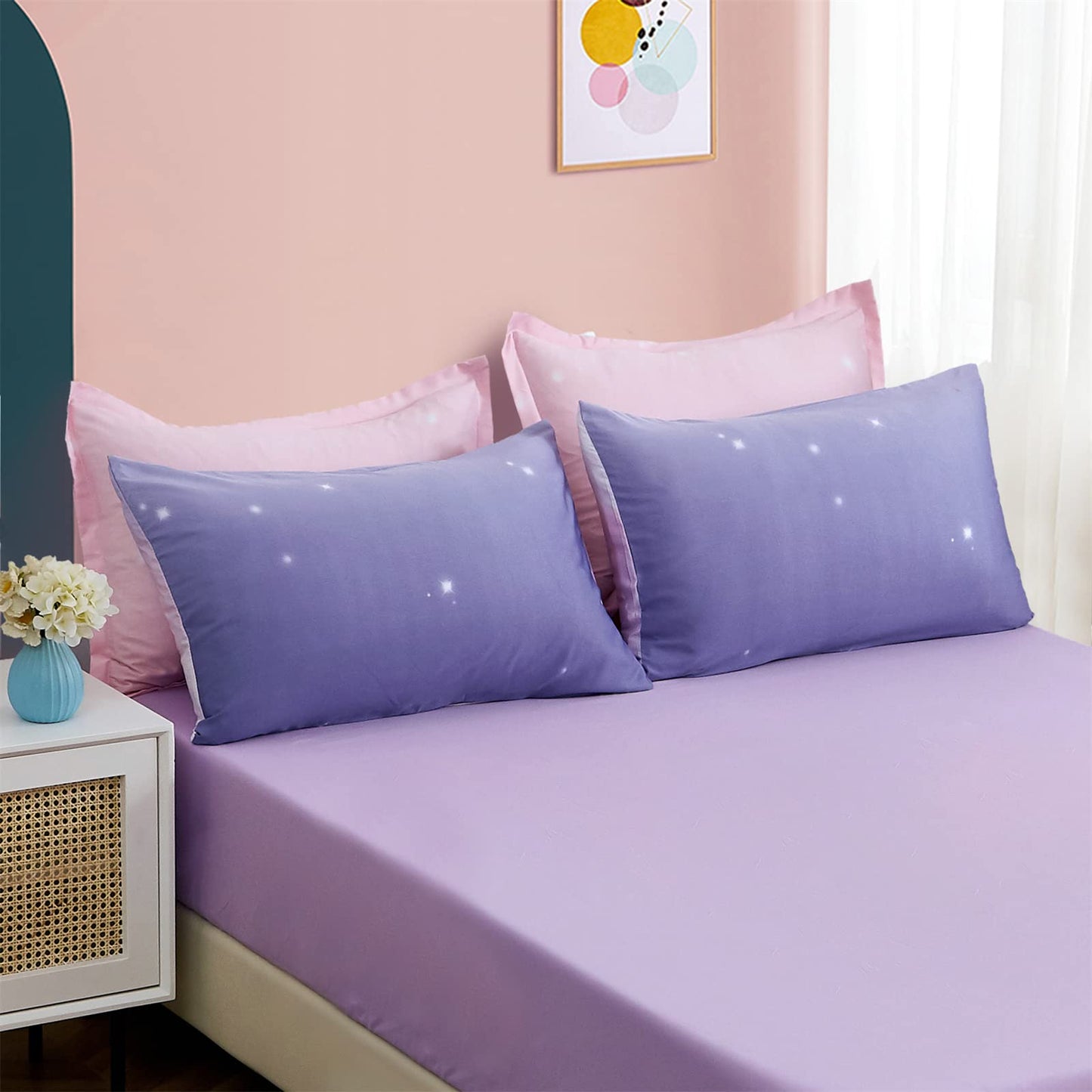Dinjoy Girls Women Comforter Set King Size Ombre Pink Purple Rainbow Bedding Set 7 Pieces Bed in A Bag for Teen Adult (1 Comforter, 1 Flat Sheet, 1 Fitted Sheet, Pillow Shams & Pillowcases)