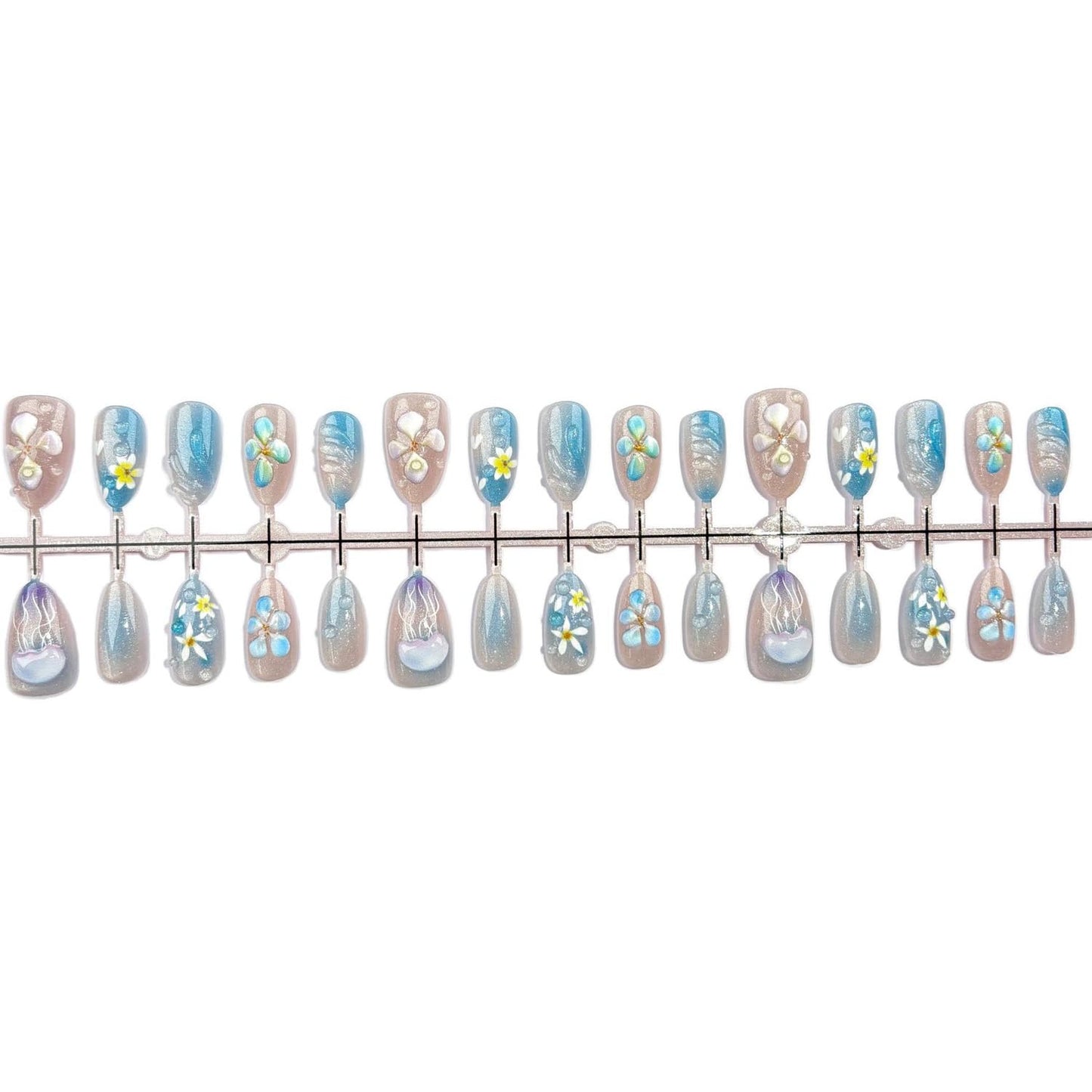 Medium Almond Press on Nails, Shimmer Blue Nude Fake Nails with 3D Jellyfish & Hand-Painted Flower Designs,Gradient Summer Ocean Themed False Nails with Glue Tabs 30Pcs Nail Kit for Women Manicure