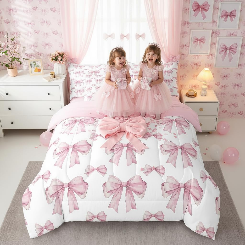 Erosebridal 7 Piece Pink Bowknot Kids Comforter Set King Bed in a Bag,Dreamy Princess Style Kids Girls Bedding Set for Women,Girly Bow Tie Bed Set,Romantic Valentine's Day Sheet Set Reversible Quilt