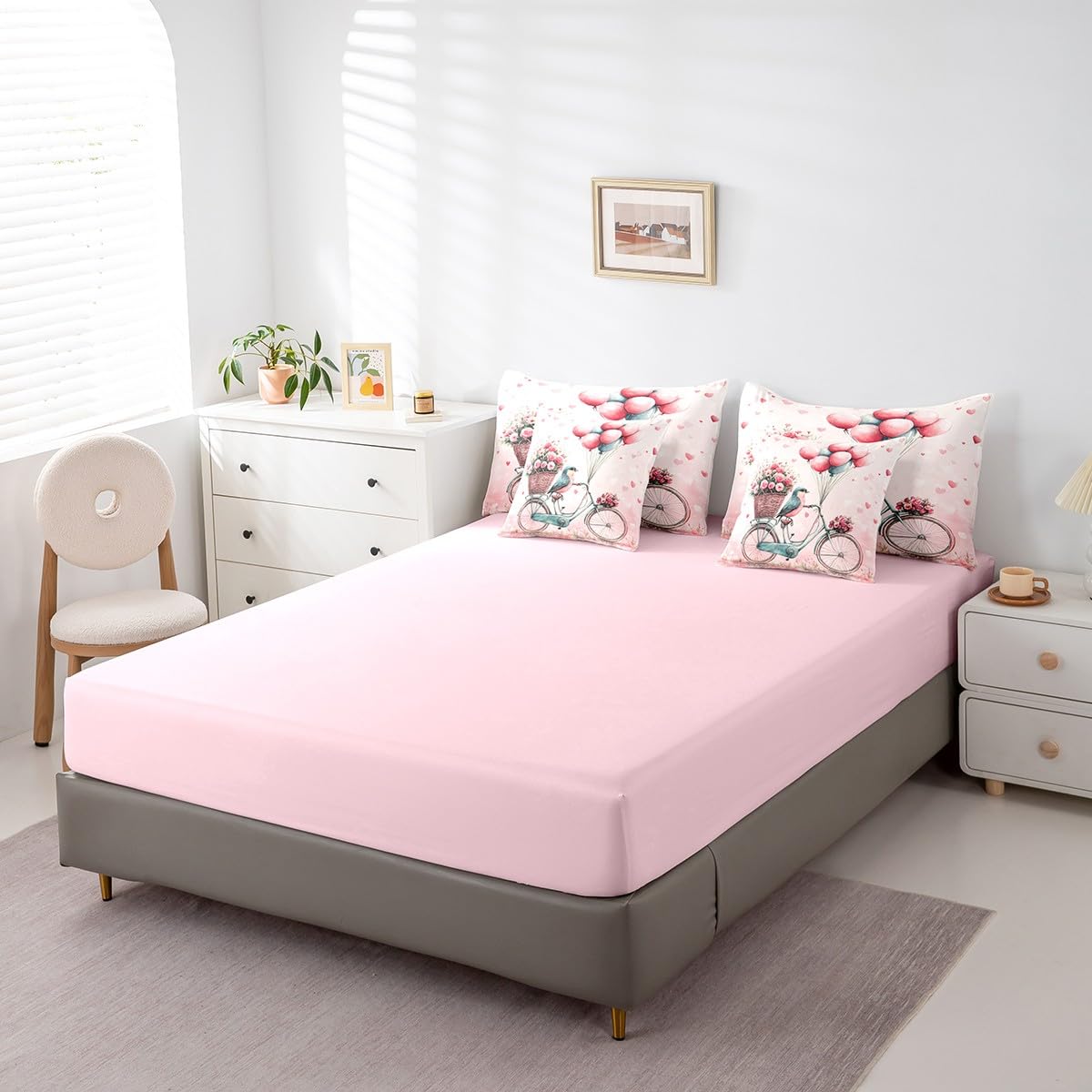 Erosebridal Romantic Valentine's Day Full 7 Piece Bedding Set Cardinal Bicycle Bed in A Bag Pink Roses Balloon Comforter Set for Girls Teen Women,Cute Cartoon Animal Love Heart Bed Set